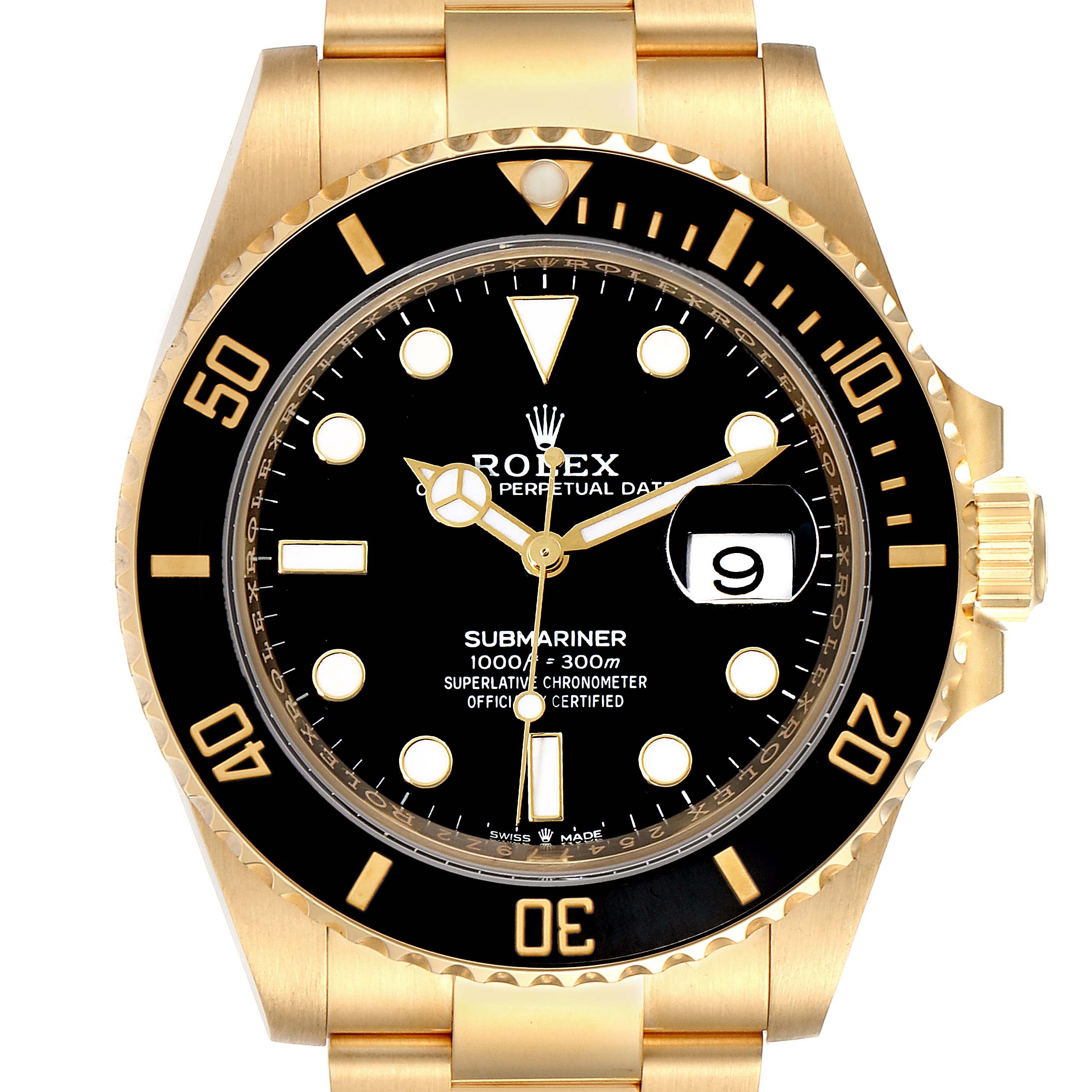 The image shows a frontal view of a Rolex Submariner 126618 Men's Yellow Gold Black Dial 126618 Men's Yellow Gold Black Dial watch, highlighting its black dial, date window, rotating bezel, and gold bracelet.