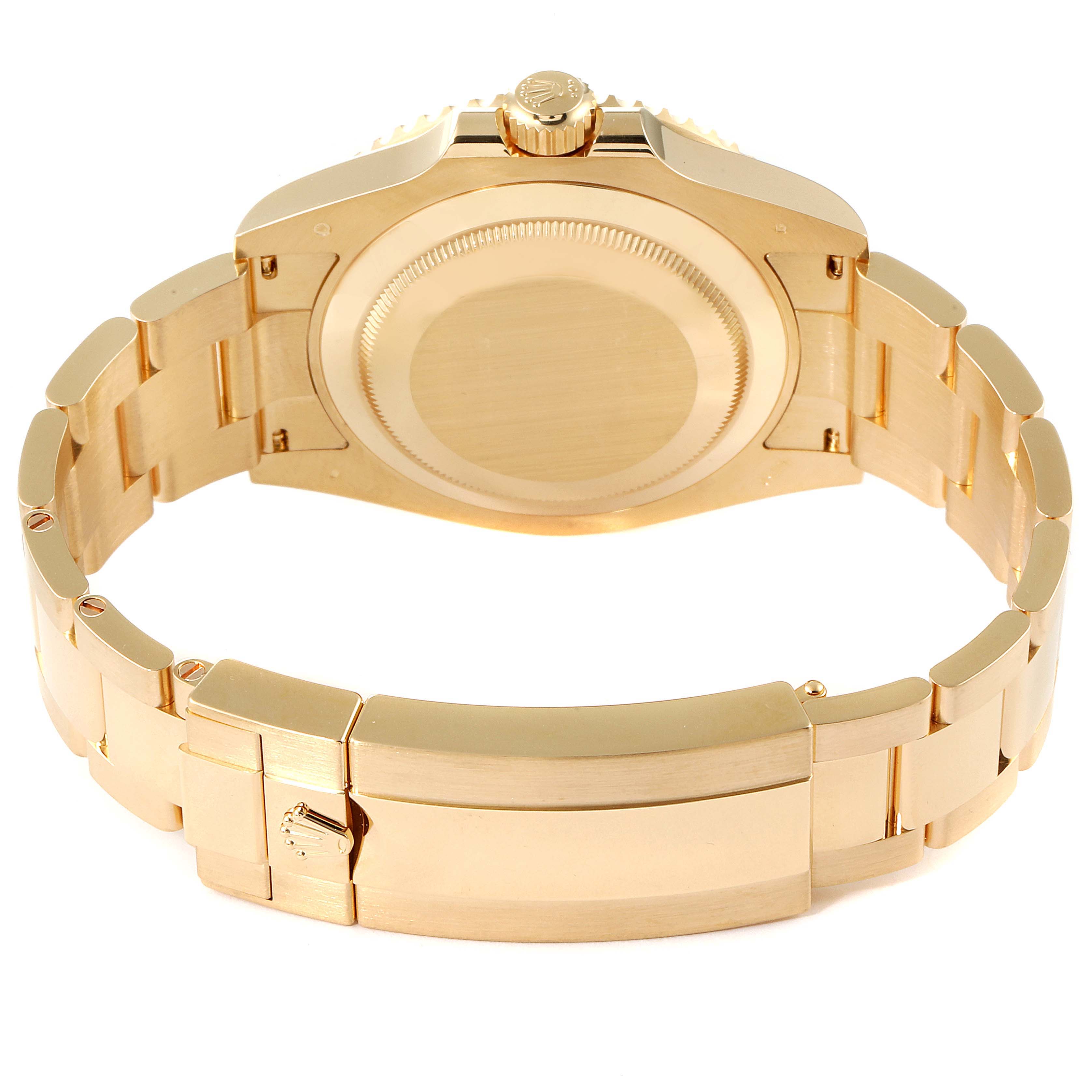 This image shows the back case and bracelet of a Rolex Submariner 126618 Men's Yellow Gold Black Dial 126618 Men's Yellow Gold Black Dial watch from a rear angle.