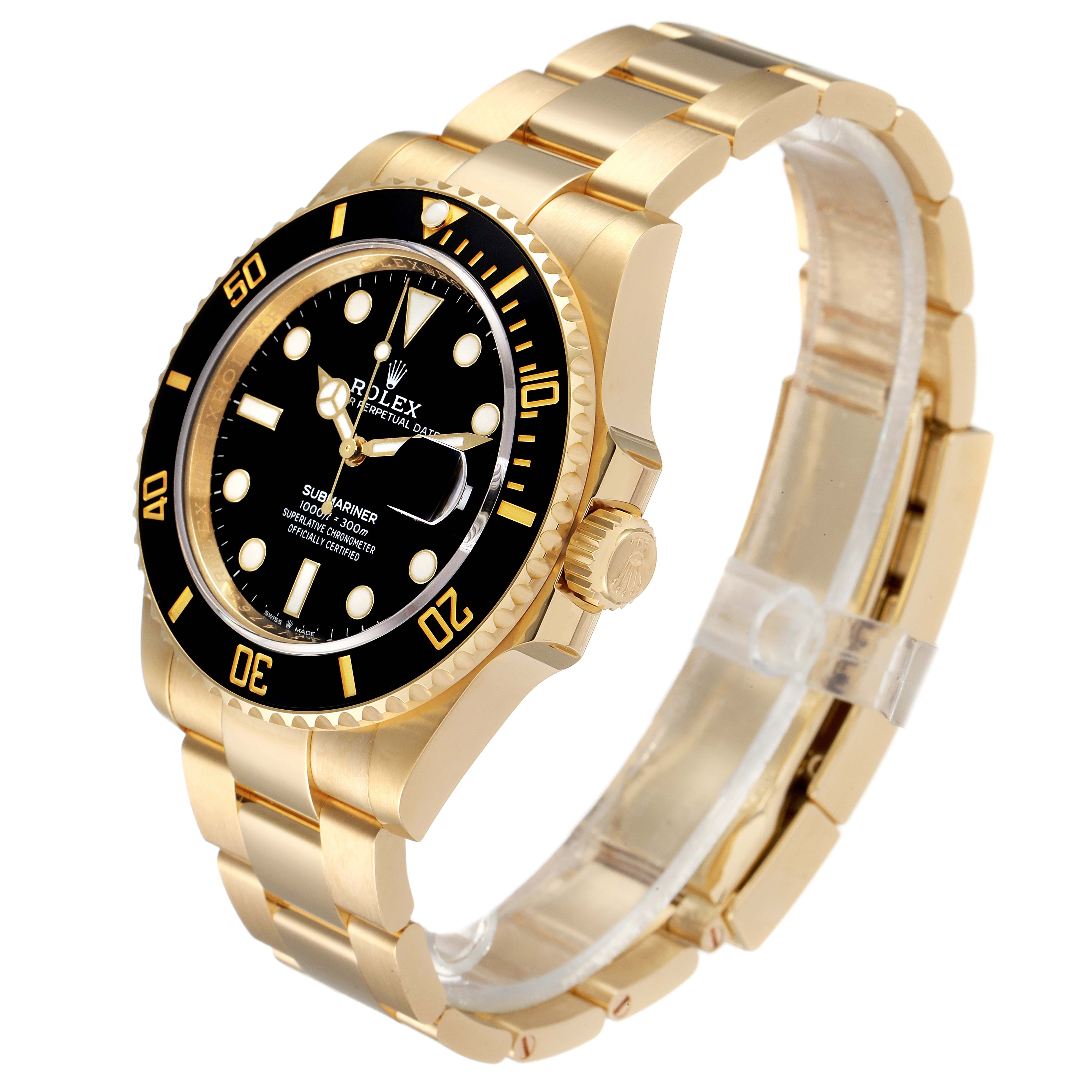 This image shows a Rolex Submariner 126618 Men's Yellow Gold Black Dial 126618 Men's Yellow Gold Black Dial watch in a side angle, highlighting its golden bracelet, black dial, and bezel.