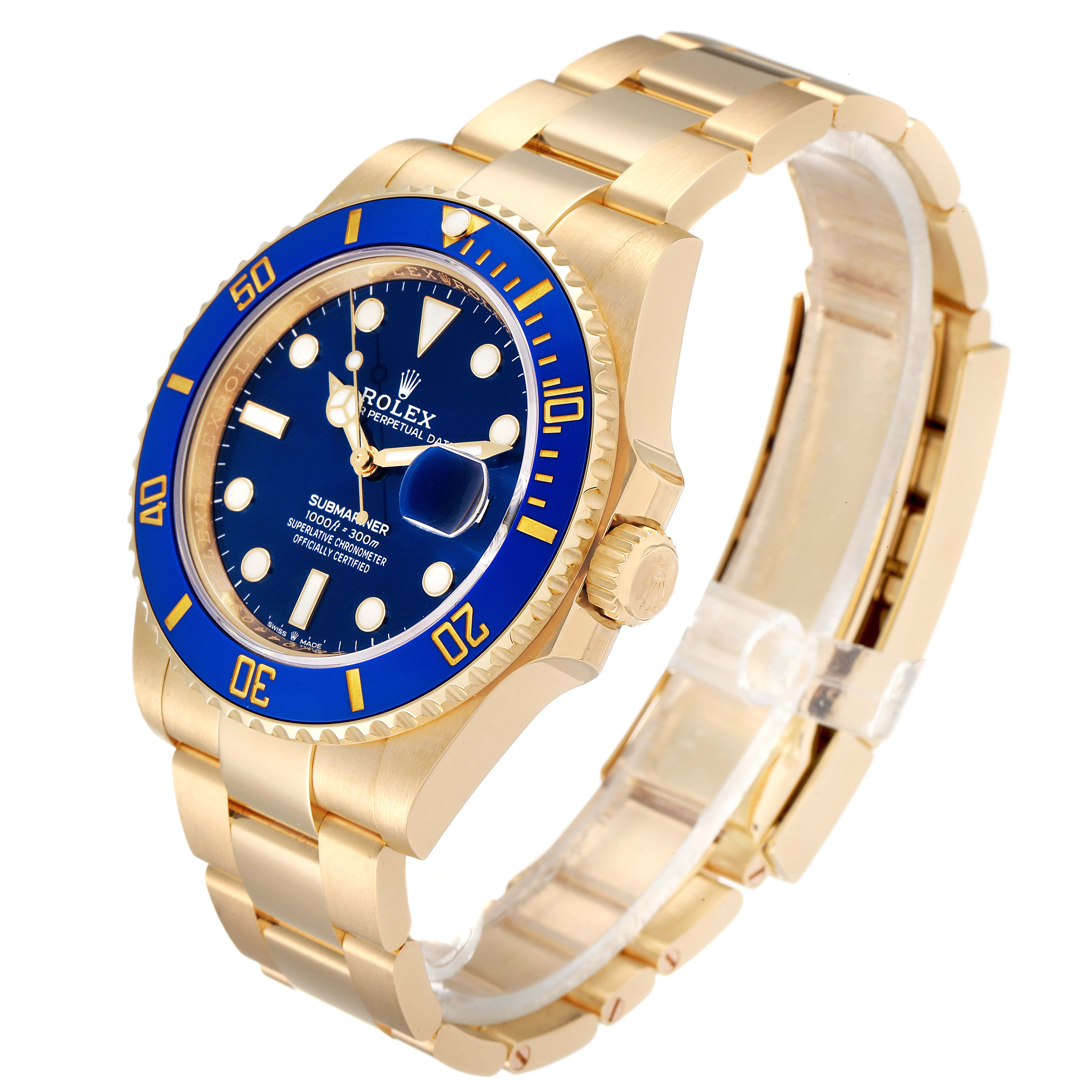 This image shows a Rolex Submariner 126618 Men's Yellow Gold Black Dial 126618 Men's Yellow Gold Black Dial watch at an angled side view, highlighting its blue dial, bezel, and gold bracelet.