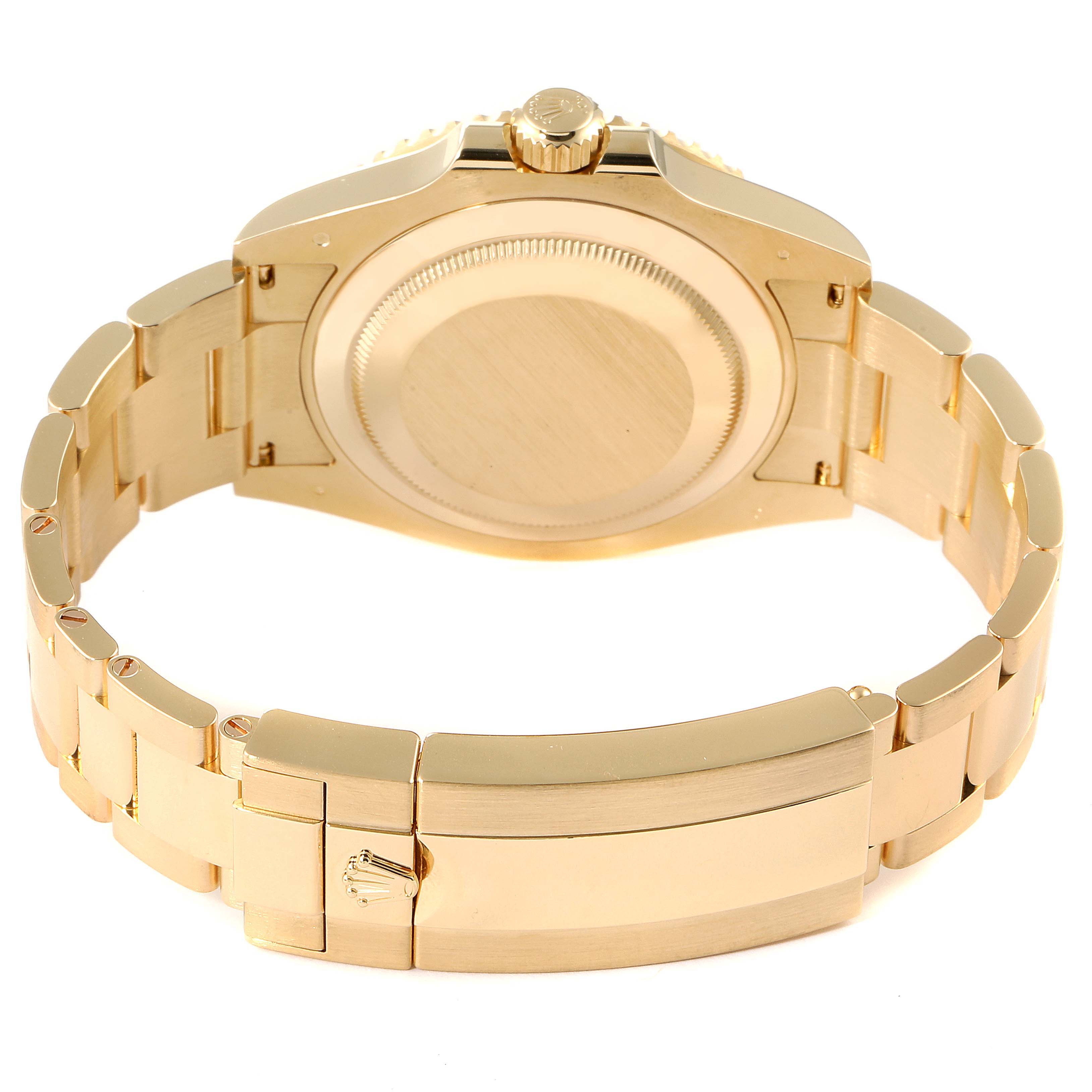 This image shows the backside and bracelet (clasp and links) of a Rolex Submariner 126618 Men's Yellow Gold Black Dial 126618 Men's Yellow Gold Black Dial watch.
