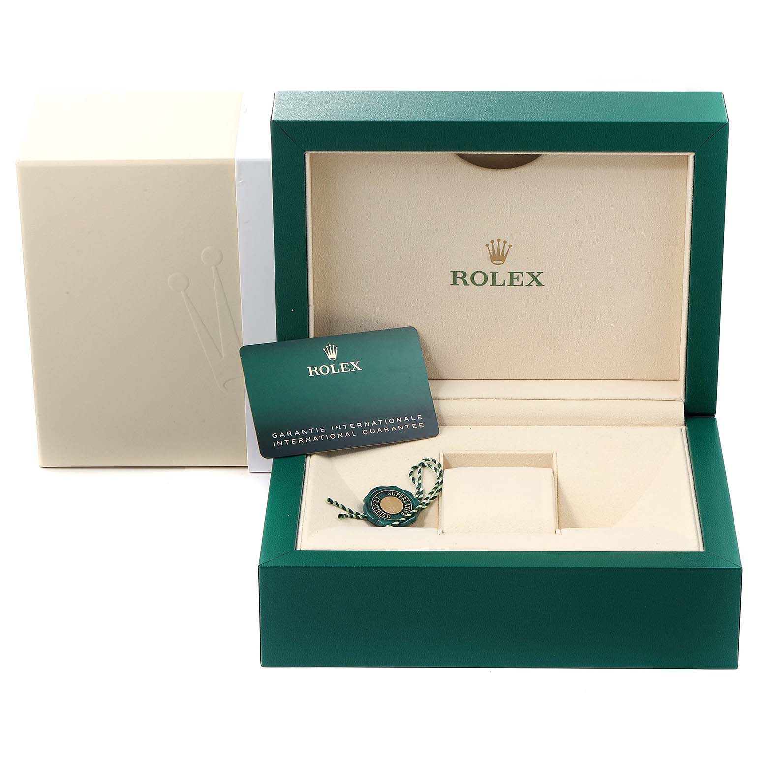 The image shows the open box, guarantee card, and an accessory for a Rolex Submariner 126618 Men's Yellow Gold Black Dial 126618 Men's Yellow Gold Black Dial watch from a front angle.