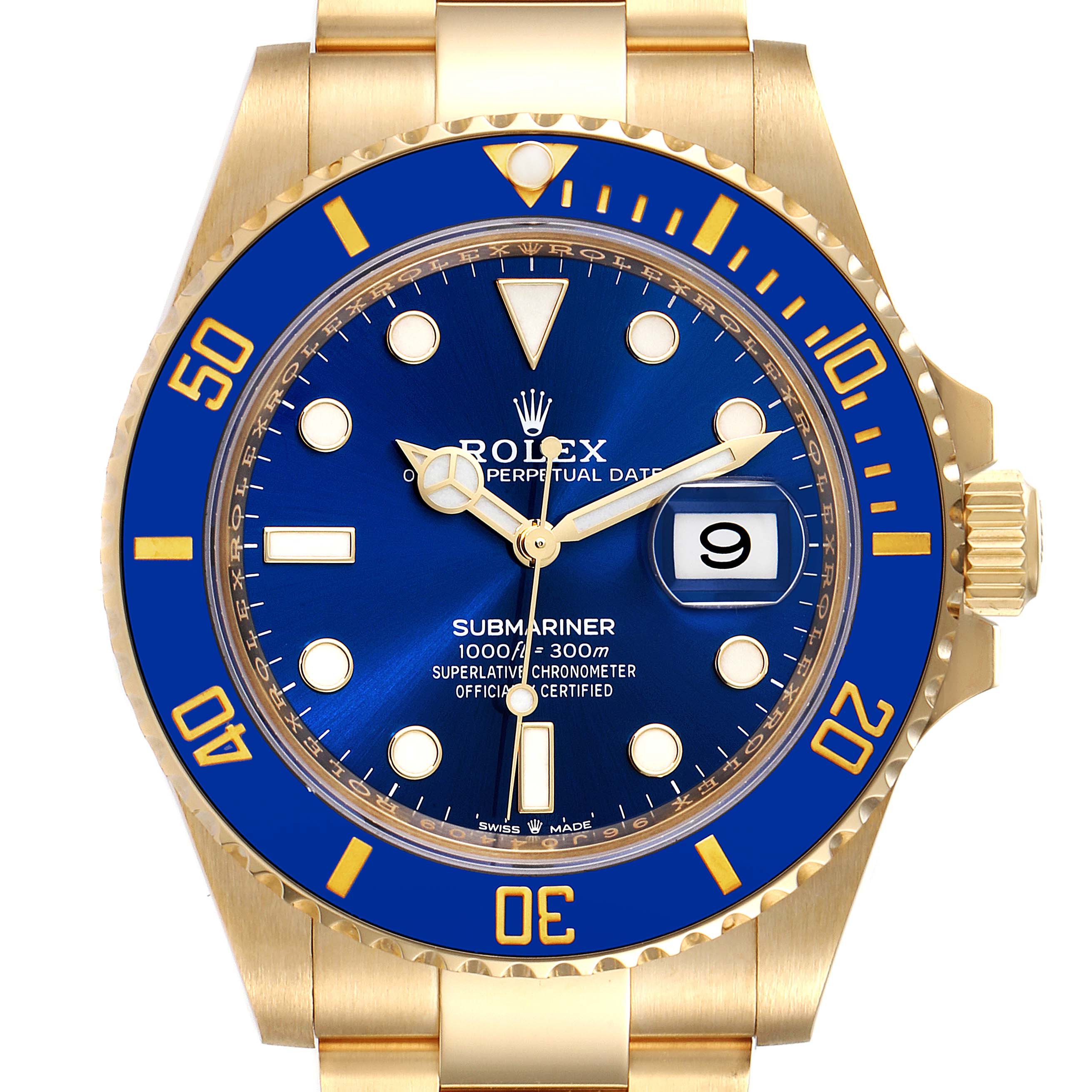 The image shows a frontal view of a Rolex Submariner 126618 Men's Yellow Gold Black Dial 126618 Men's Yellow Gold Black Dial watch displaying the dial, bezel, and part of the bracelet.
