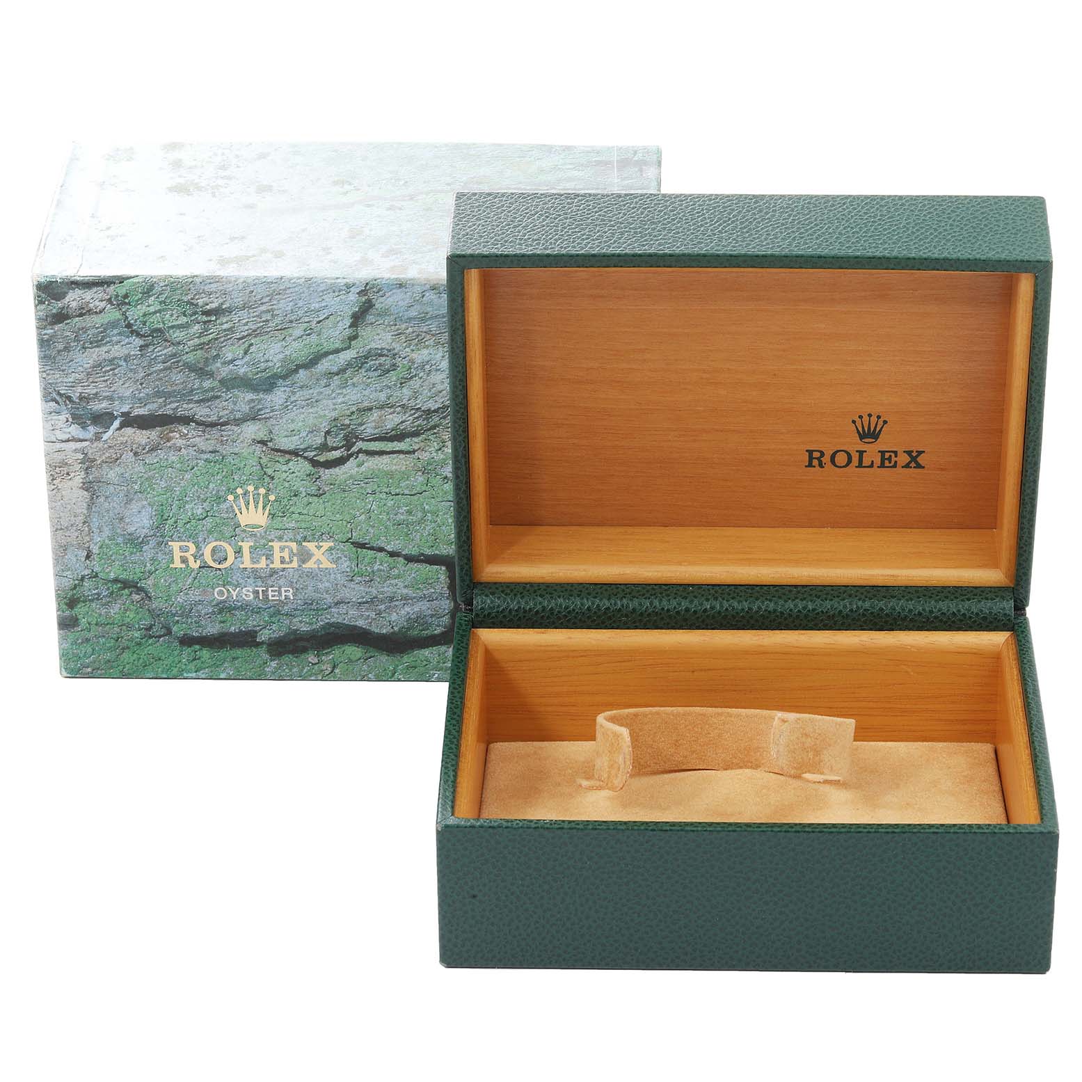 The image shows an open green watch box with the Rolex logo and an outer packaging box with the "Rolex Oyster" label.