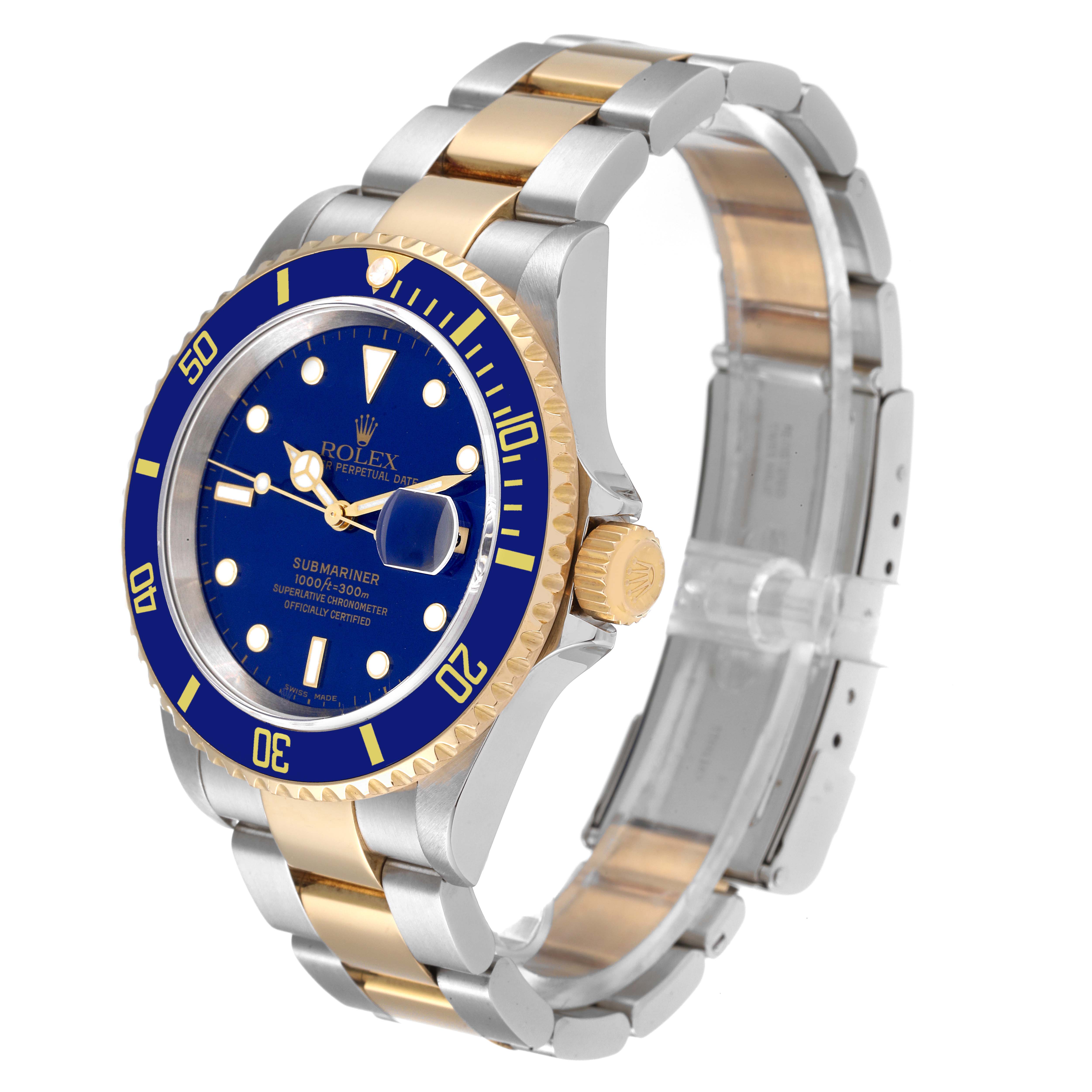 The Rolex Submariner 16613 Men
s Steel and Gold (two tone) Blue Dial 16613 Men
s Steel and Gold (two tone) Blue Dial watch is shown at a three-quarter angle, highlighting the blue dial, gold bezel, and metal two-tone bracelet.