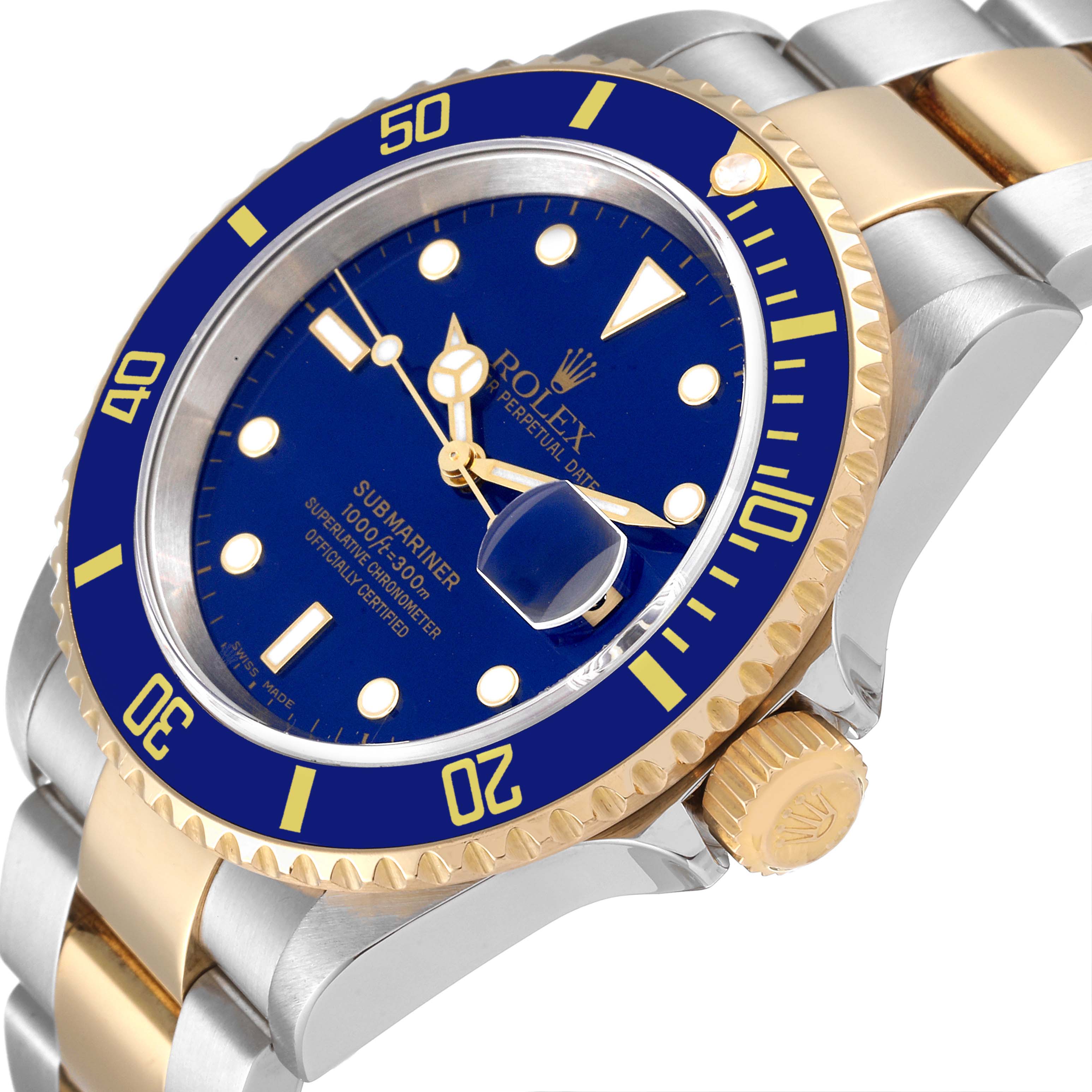 The image shows a close-up of the face, bezel, and crown of a Rolex Submariner 16613 Men
s Steel and Gold (two tone) Blue Dial 16613 Men
s Steel and Gold (two tone) Blue Dial watch at a slight angle.