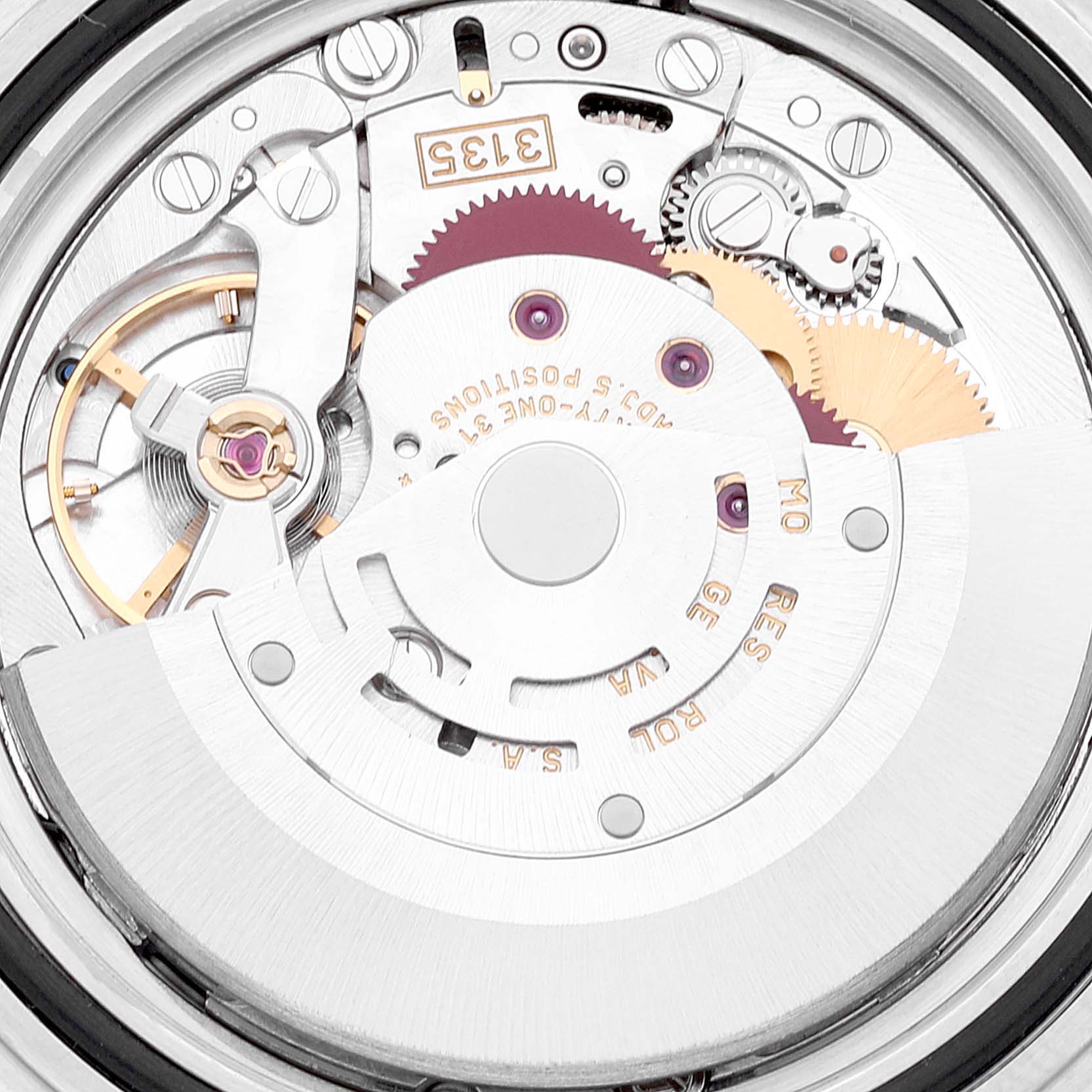 This image shows the movement mechanism of the Rolex Submariner 16613 Men
s Steel and Gold (two tone) Blue Dial 16613 Men
s Steel and Gold (two tone) Blue Dial watch from a close-up angle.