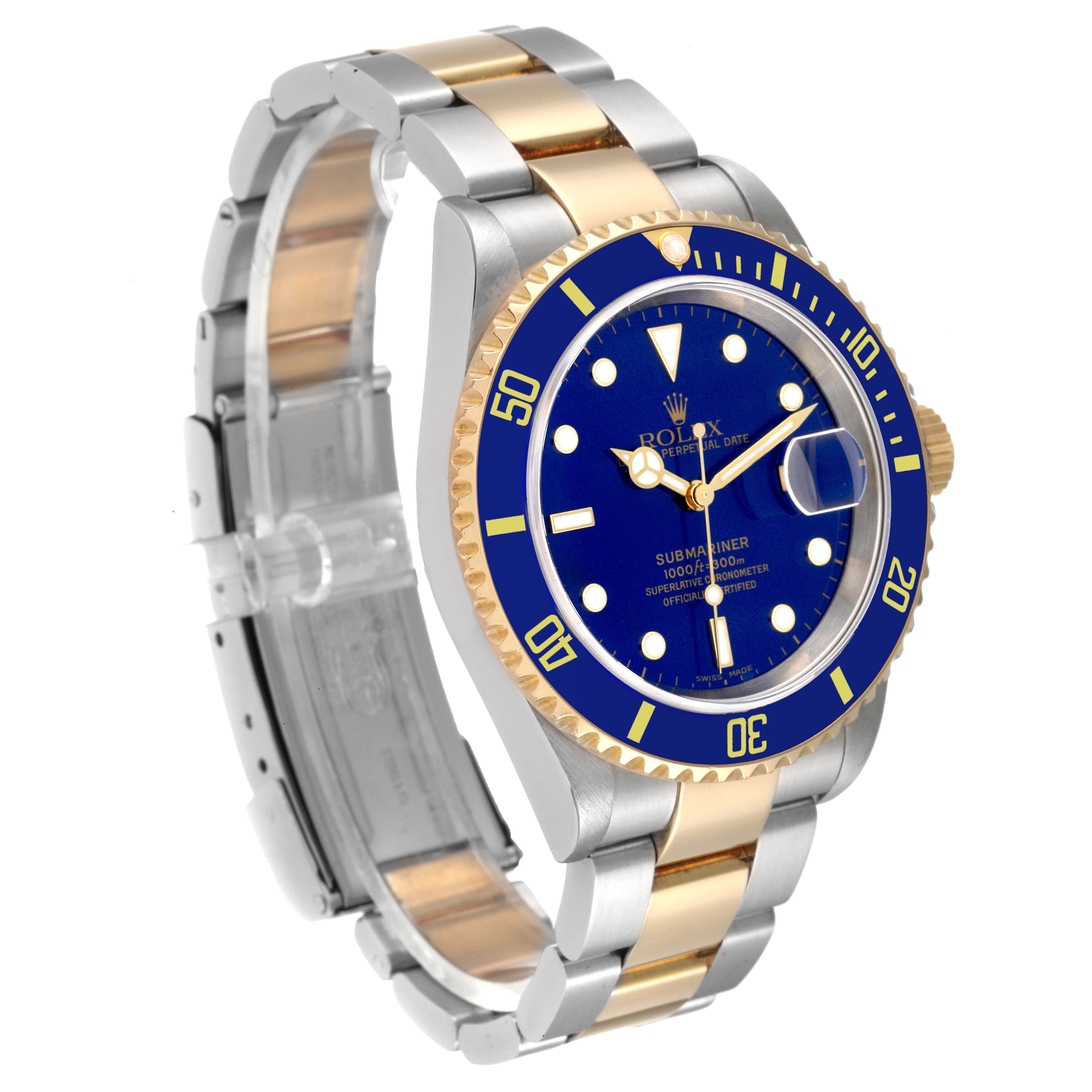 This Rolex Submariner 16613 Men
s Steel and Gold (two tone) Blue Dial 16613 Men
s Steel and Gold (two tone) Blue Dial model is shown from an angled front view, highlighting the blue dial, bezel, and gold/silver bracelet.