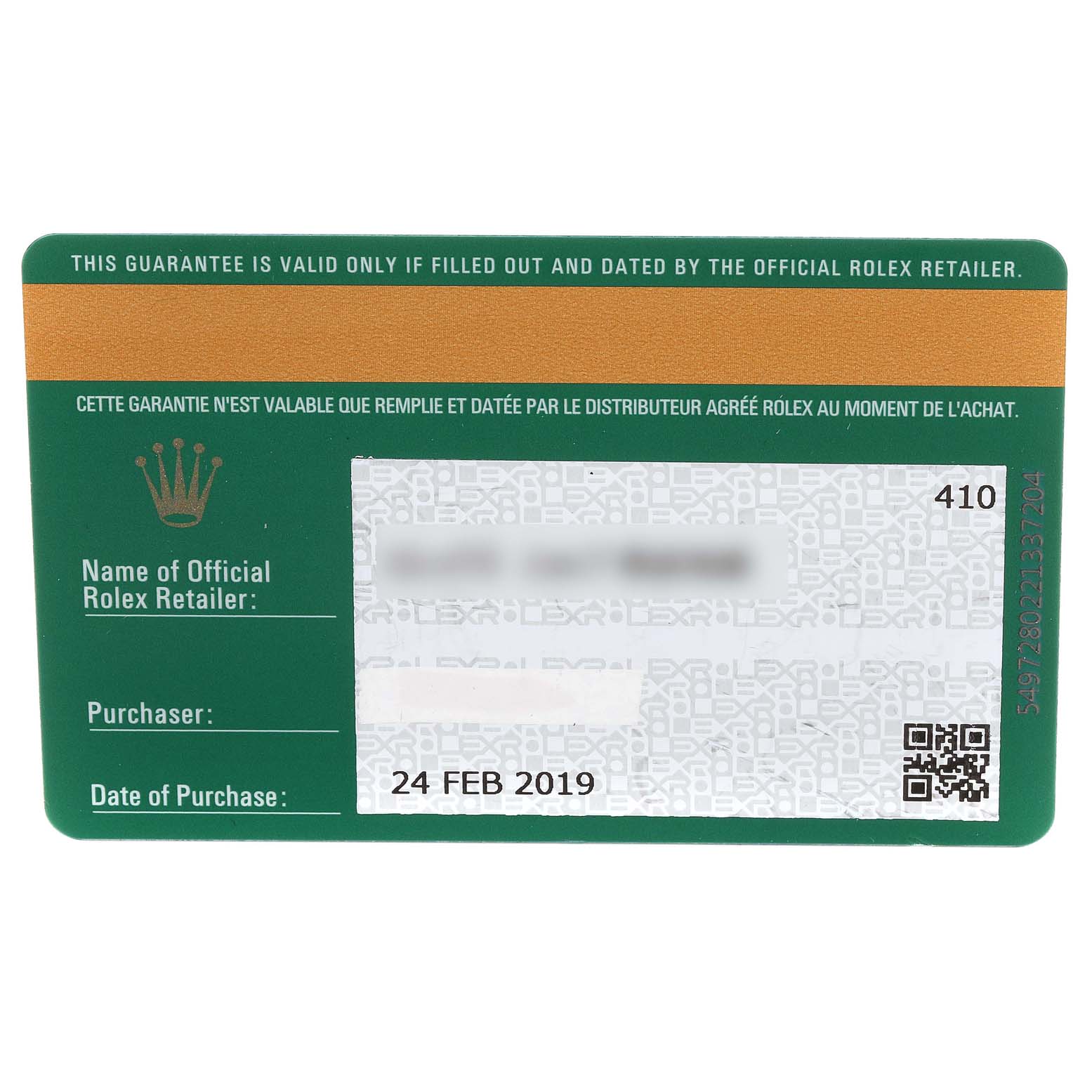 The image shows a close-up of a guarantee card for a Rolex Submariner 116610 Men's Stainless Steel Black Dial 116610 Men's Stainless Steel Black Dial watch.