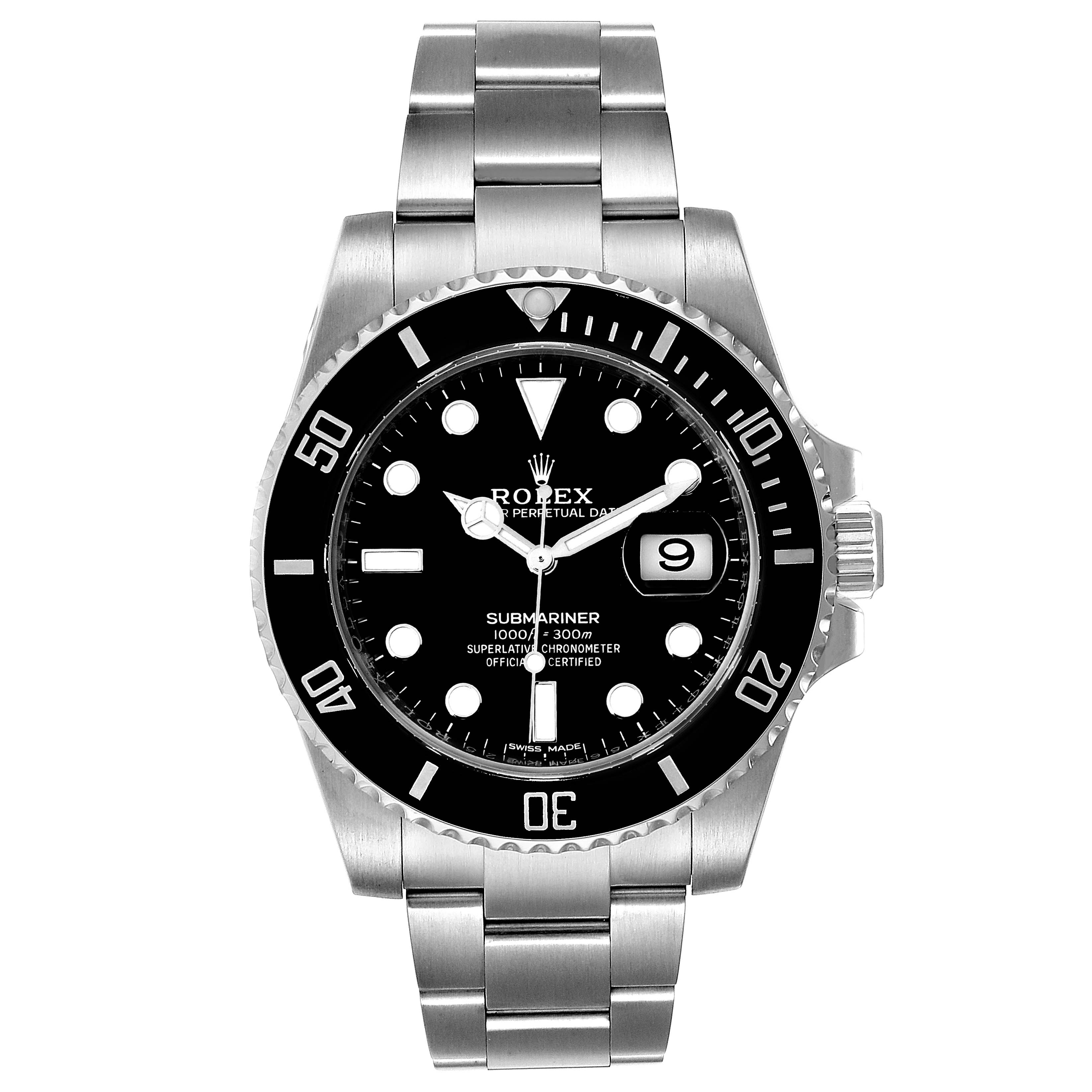 The image shows a front view of a Rolex Submariner 116610 Men's Stainless Steel Black Dial 116610 Men's Stainless Steel Black Dial watch, showcasing its dial, bezel, and bracelet.