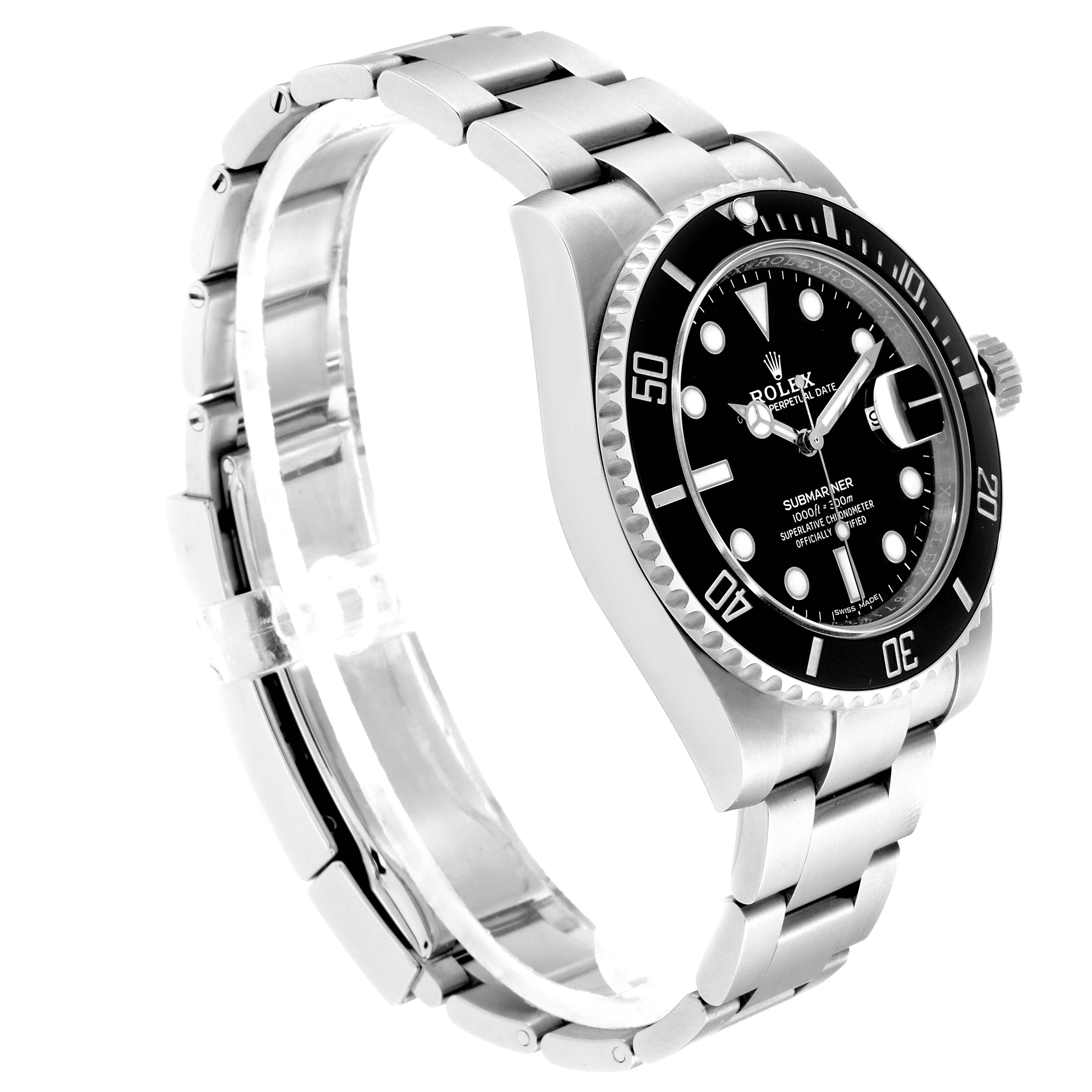 The image shows a side angle of a Rolex Submariner 116610 Men's Stainless Steel Black Dial 116610 Men's Stainless Steel Black Dial watch, highlighting the bracelet, bezel, crown, and face.