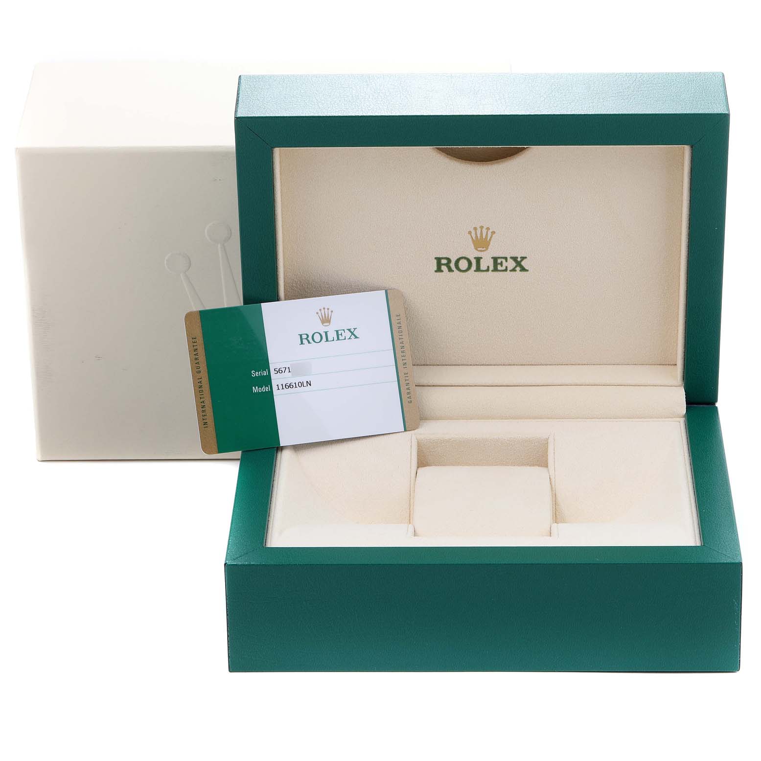 The image shows an open Rolex Submariner 116610 Men's Stainless Steel Black Dial 116610 Men's Stainless Steel Black Dial watch box and an authenticity card placed inside.