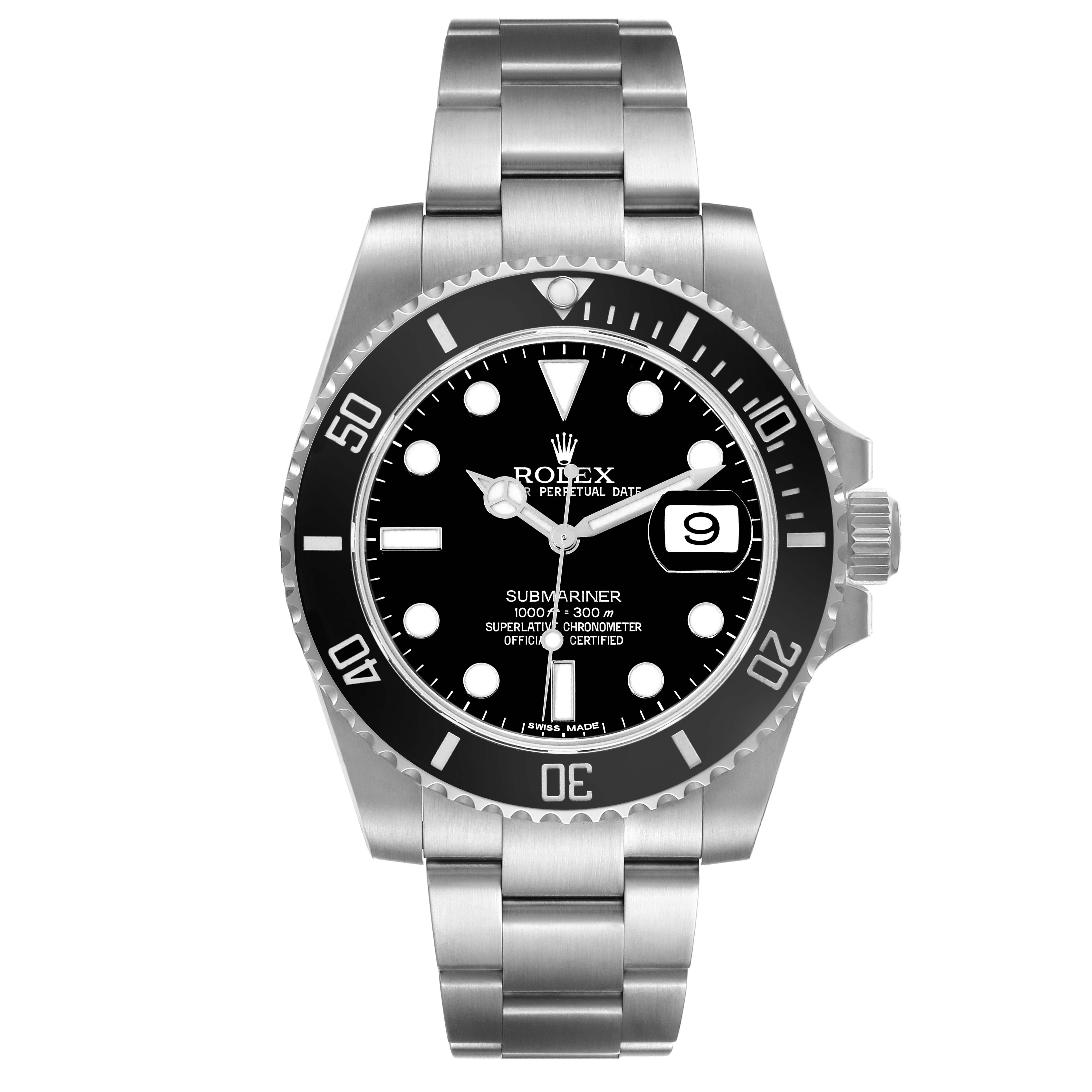 The image shows a front view of a Rolex Submariner 116610 Men
s Stainless Steel Black Dial 116610 Men
s Stainless Steel Black Dial, displaying its face, bezel, case, and bracelet.