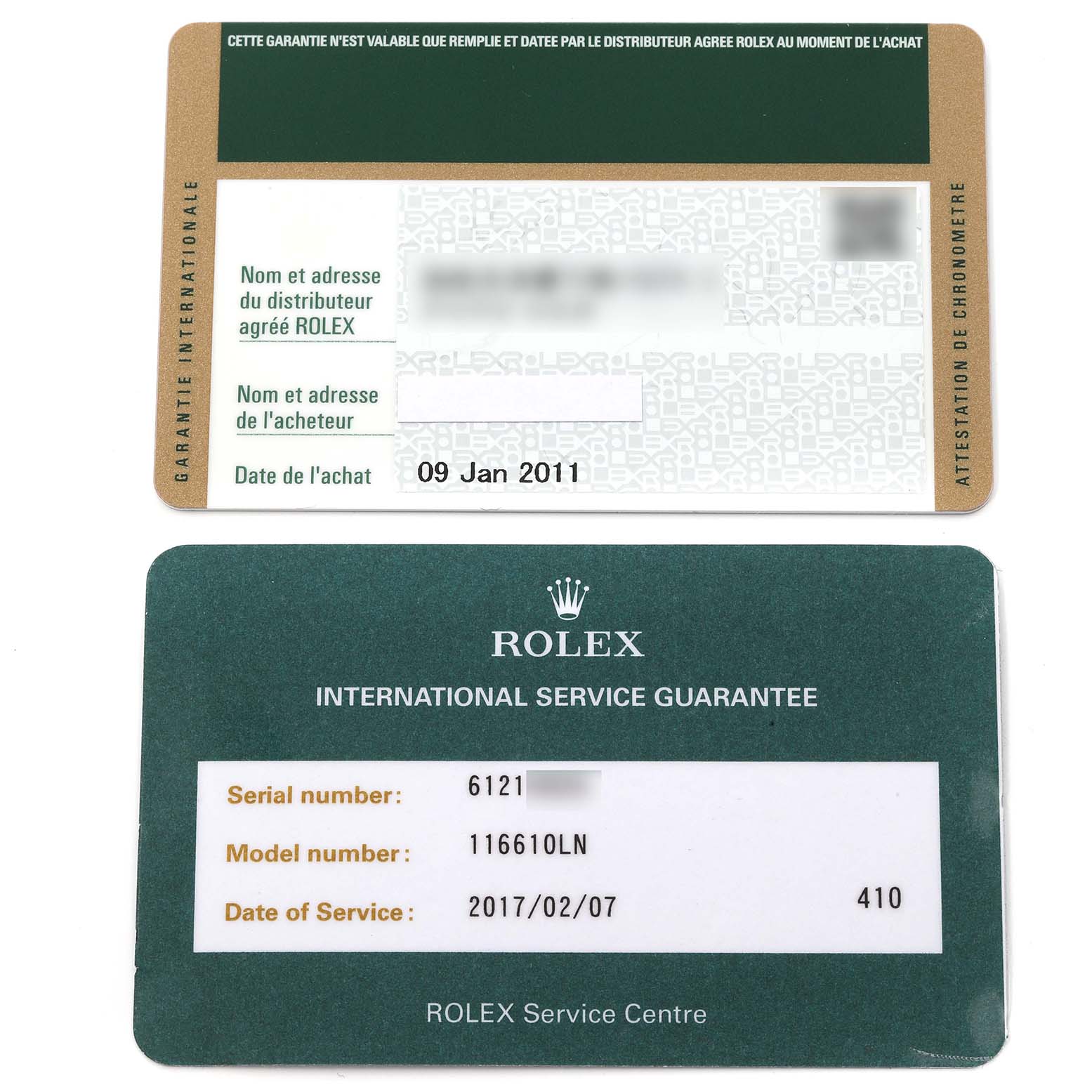 The image shows the warranty and service guarantee cards for the Rolex Submariner 116610 Men
s Stainless Steel Black Dial 116610 Men
s Stainless Steel Black Dial model.
