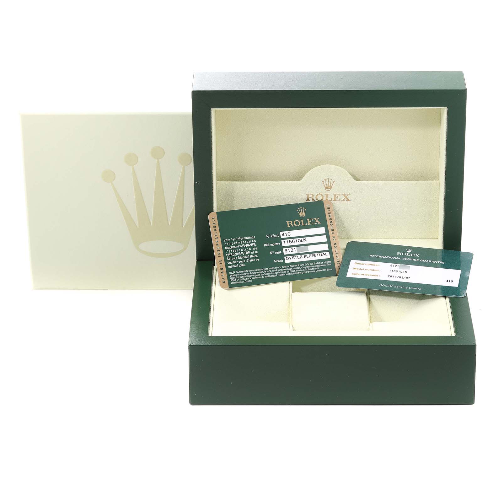 The image shows a Rolex Submariner 116610 Men
s Stainless Steel Black Dial 116610 Men
s Stainless Steel Black Dial box with certification cards and an outer cardboard box.