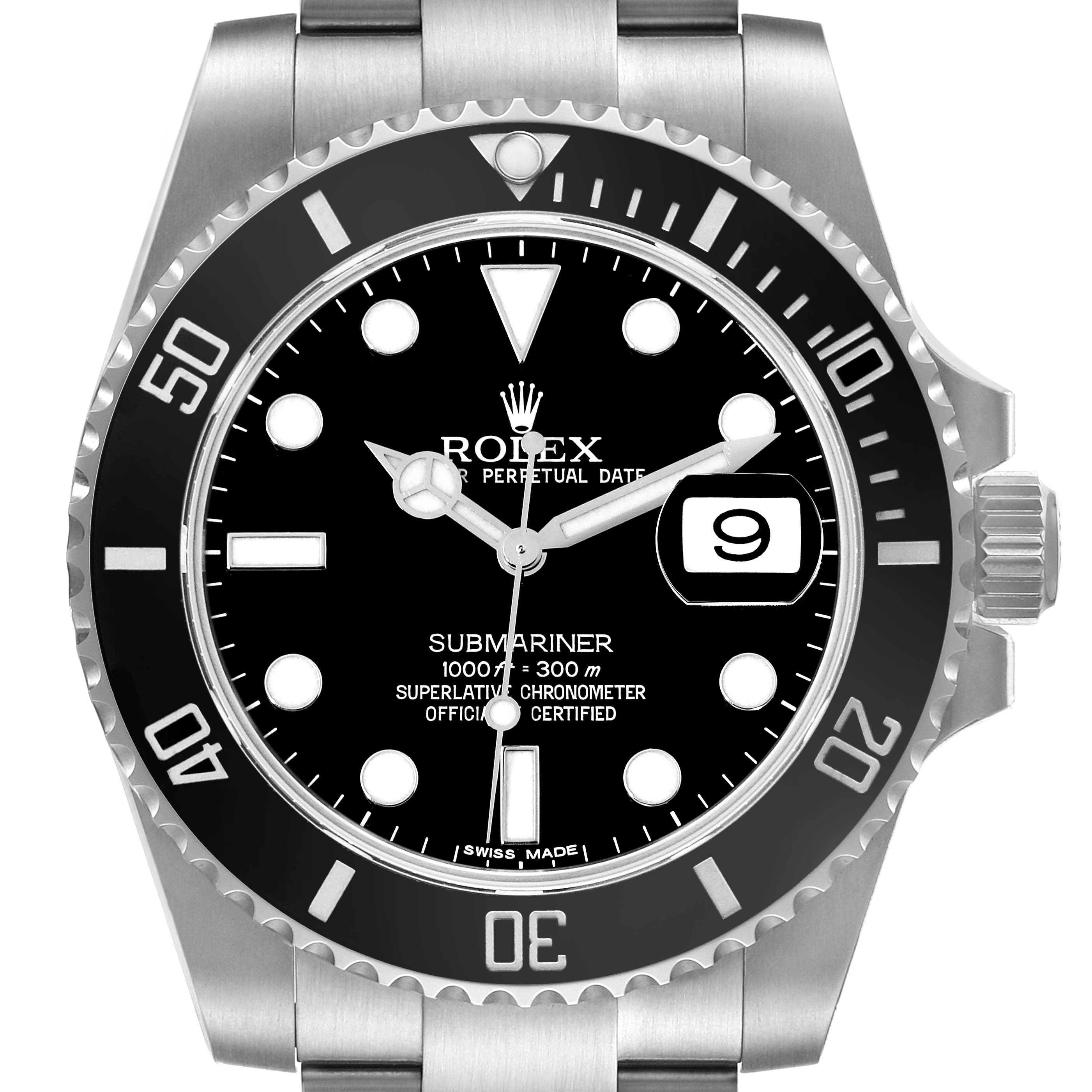 This image shows a frontal view of the Rolex Submariner 116610 Men
s Stainless Steel Black Dial 116610 Men
s Stainless Steel Black Dial watch, displaying its dial, bezel, crown, and bracelet.