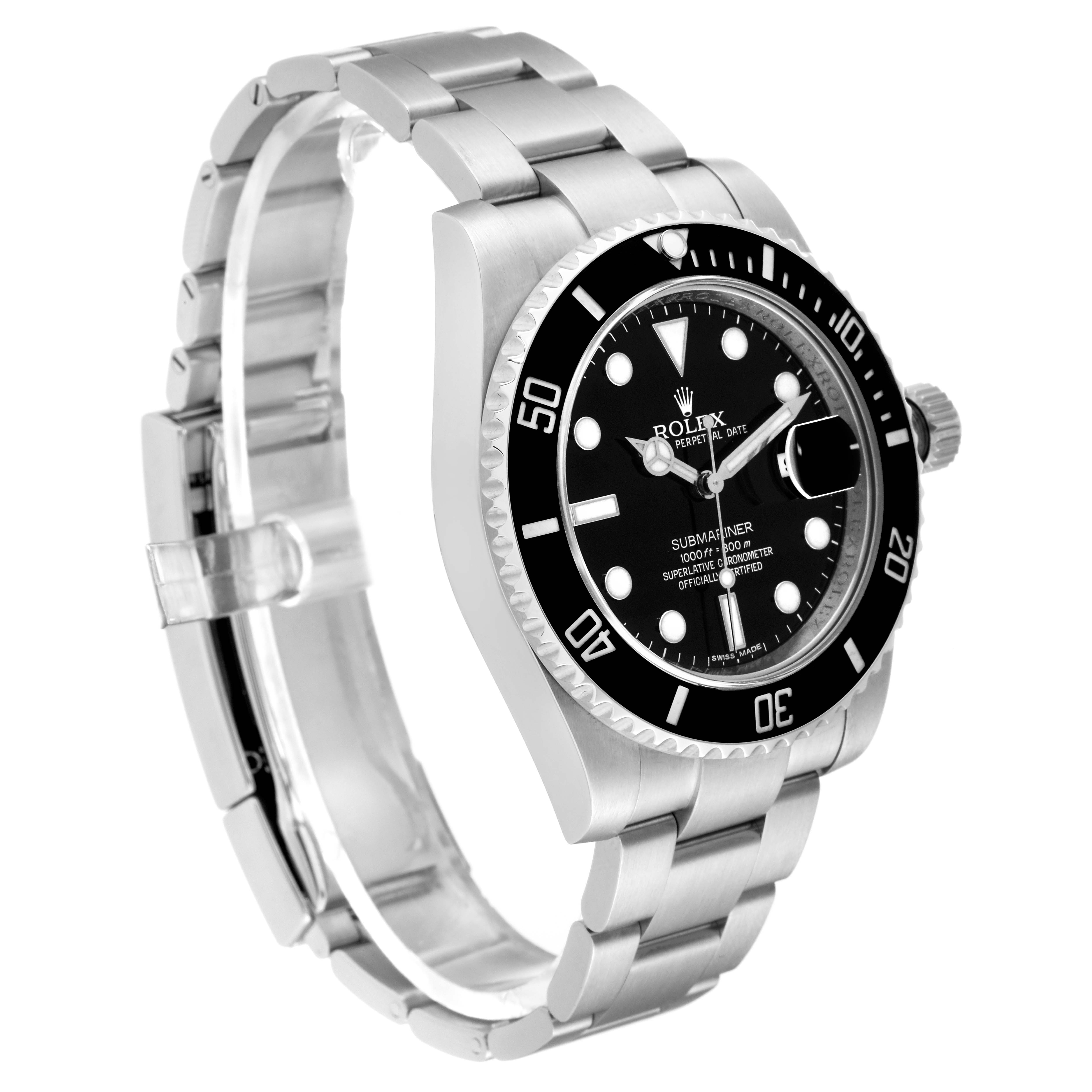 The image shows a side view of a Rolex Submariner 116610 Men
s Stainless Steel Black Dial 116610 Men
s Stainless Steel Black Dial watch, displaying its strap, case, bezel, and dial.