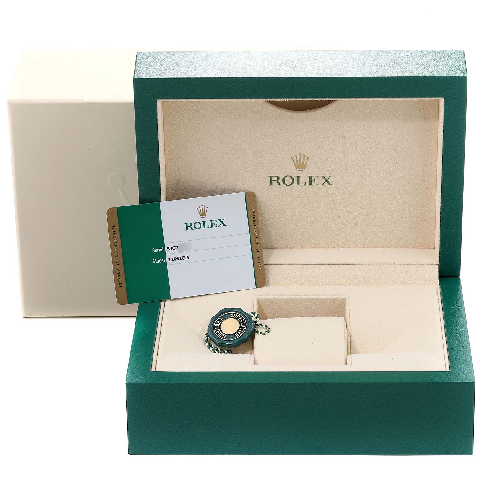 The image shows the open box for a Rolex Submariner 116610LV Men's Stainless Steel Green Dial 116610LV Men's Stainless Steel Green Dial watch with the model card and a tag inside.