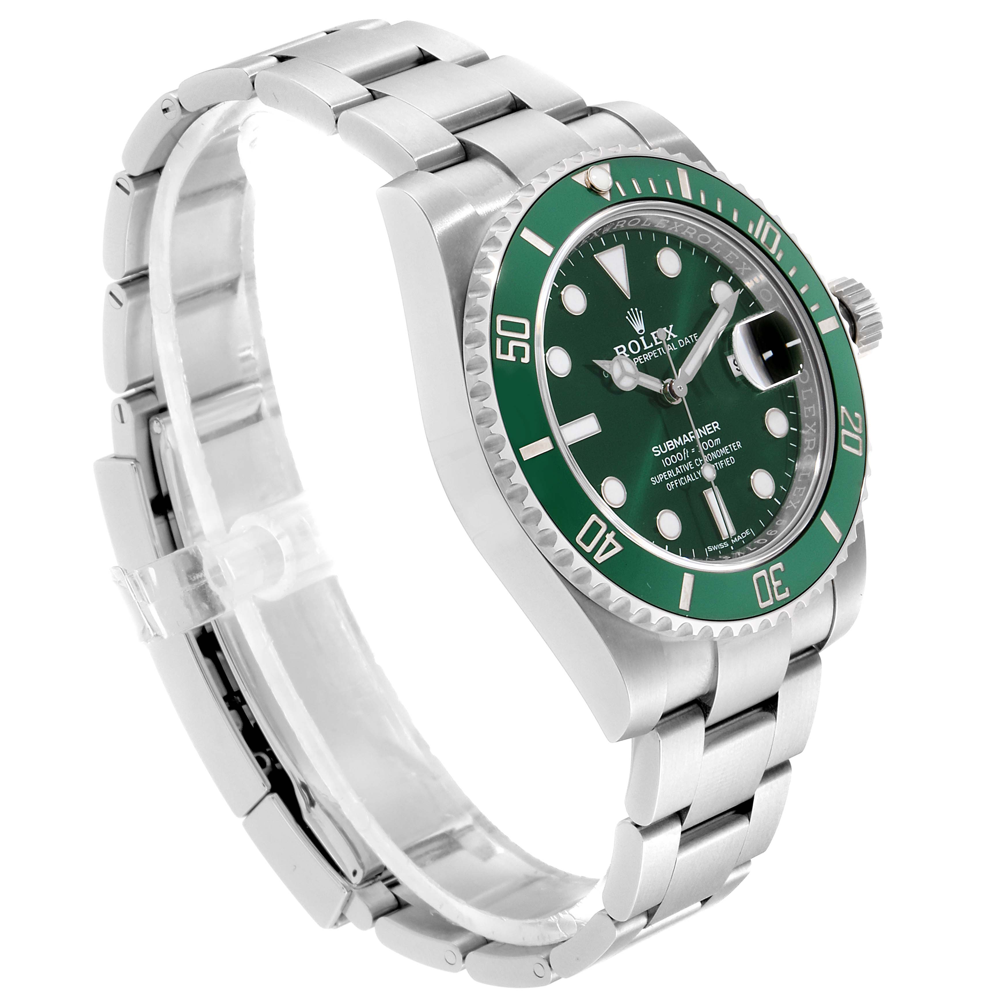The Rolex Submariner 116610LV Men's Stainless Steel Green Dial 116610LV Men's Stainless Steel Green Dial watch is shown at a three-quarter angle, displaying its green dial, bezel, and stainless steel bracelet.