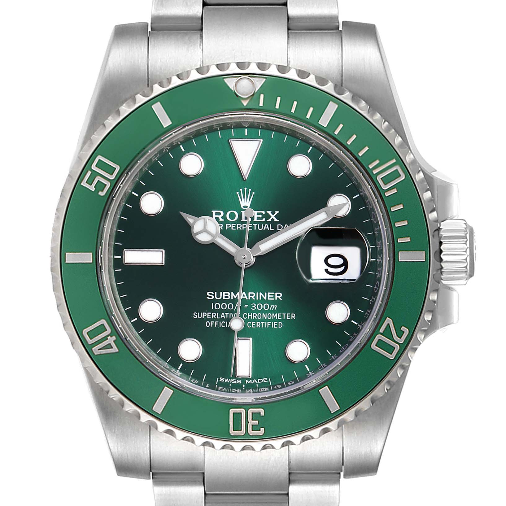 This image shows a front-facing view of a Rolex Submariner 116610LV Men's Stainless Steel Green Dial 116610LV Men's Stainless Steel Green Dial watch, highlighting the green bezel, dial, and date display.