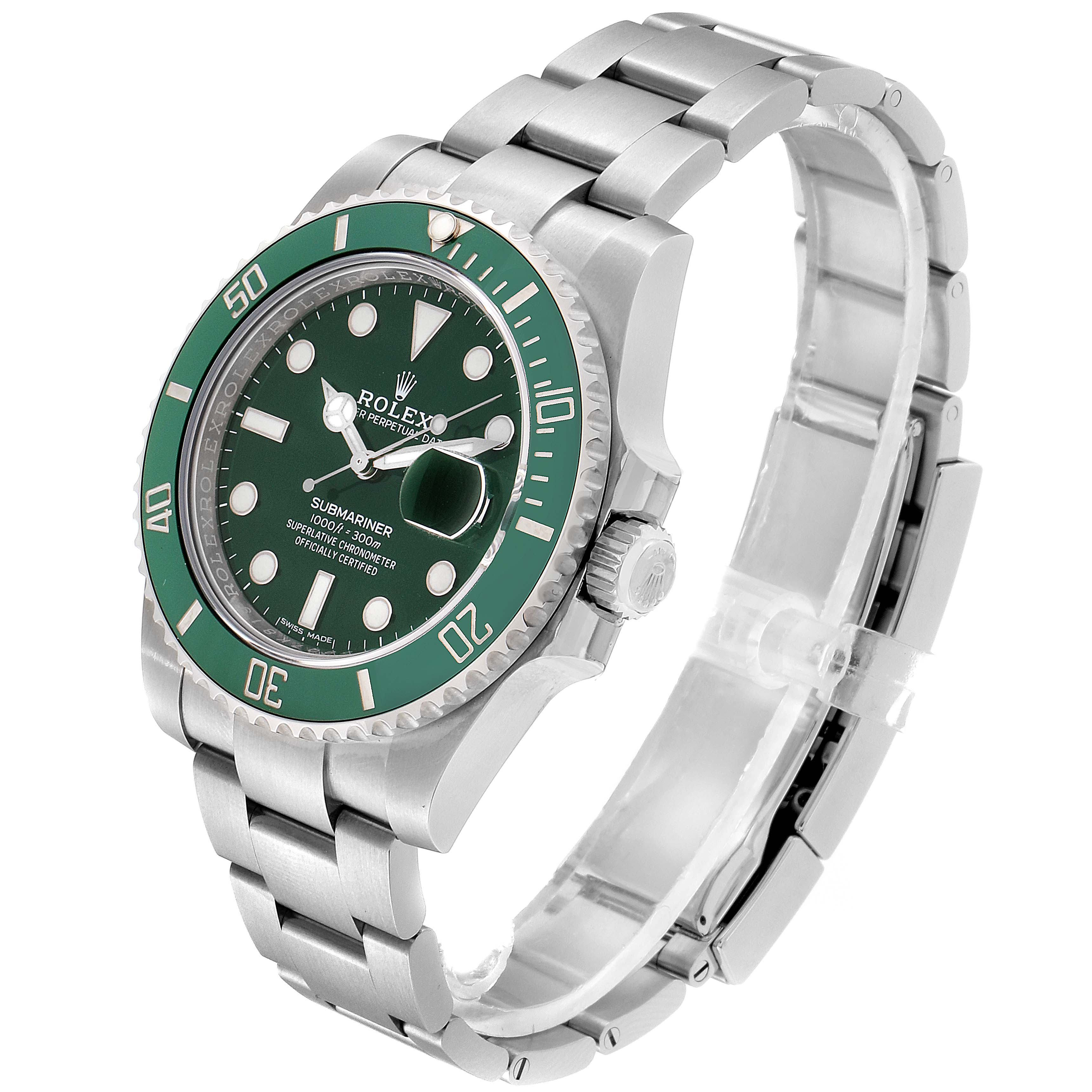 The image shows a side angle of a Rolex Submariner 116610LV Men's Stainless Steel Green Dial 116610LV Men's Stainless Steel Green Dial watch, featuring its face, bezel, and metal bracelet.