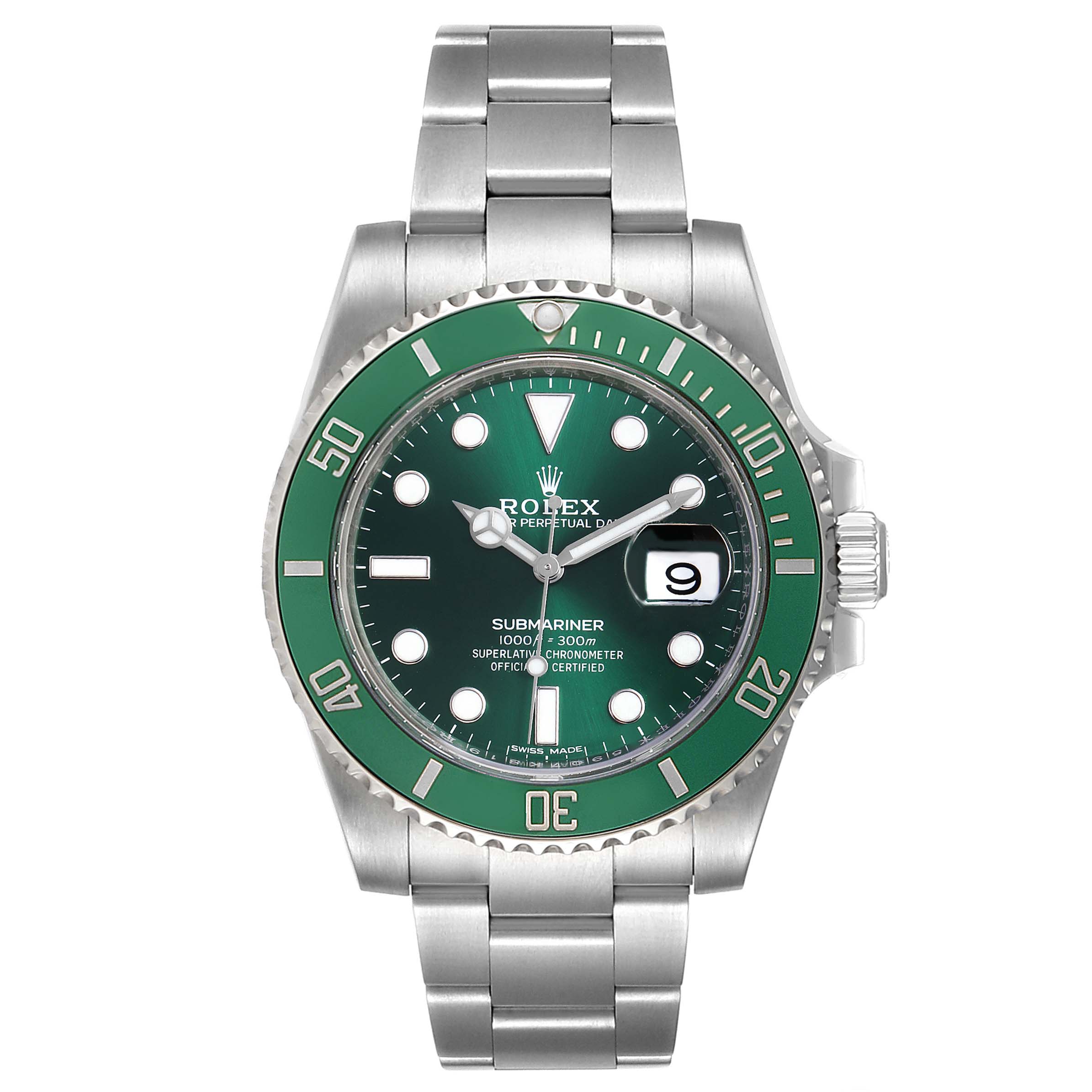 The image shows a front view of a Rolex Submariner 116610LV Men's Stainless Steel Green Dial 116610LV Men's Stainless Steel Green Dial watch, featuring its green dial, bezel, bracelet, and the date window.