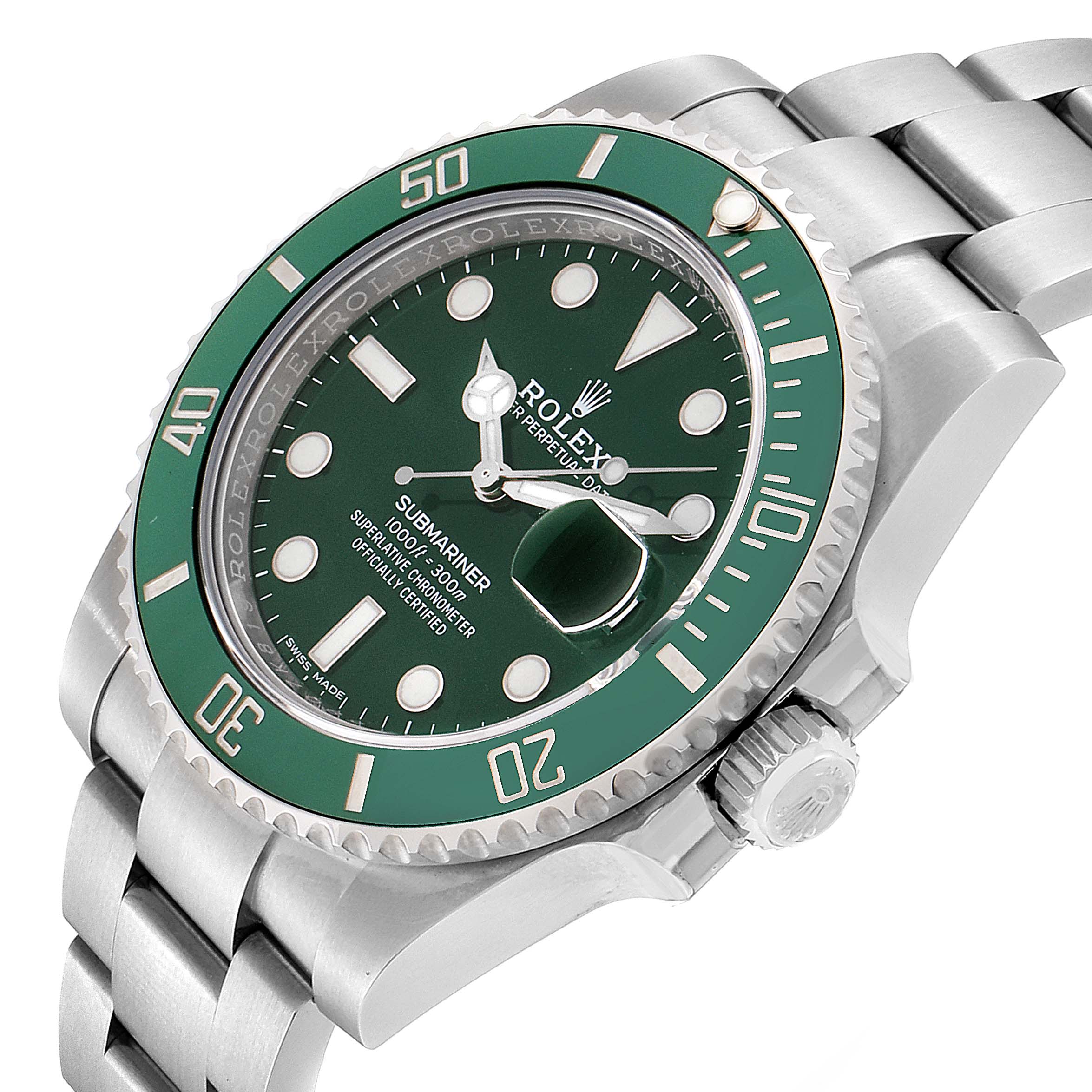This image shows a Rolex Submariner 116610LV Men's Stainless Steel Green Dial 116610LV Men's Stainless Steel Green Dial watch at an oblique angle, highlighting the green bezel and dial, crown, and a portion of the bracelet.