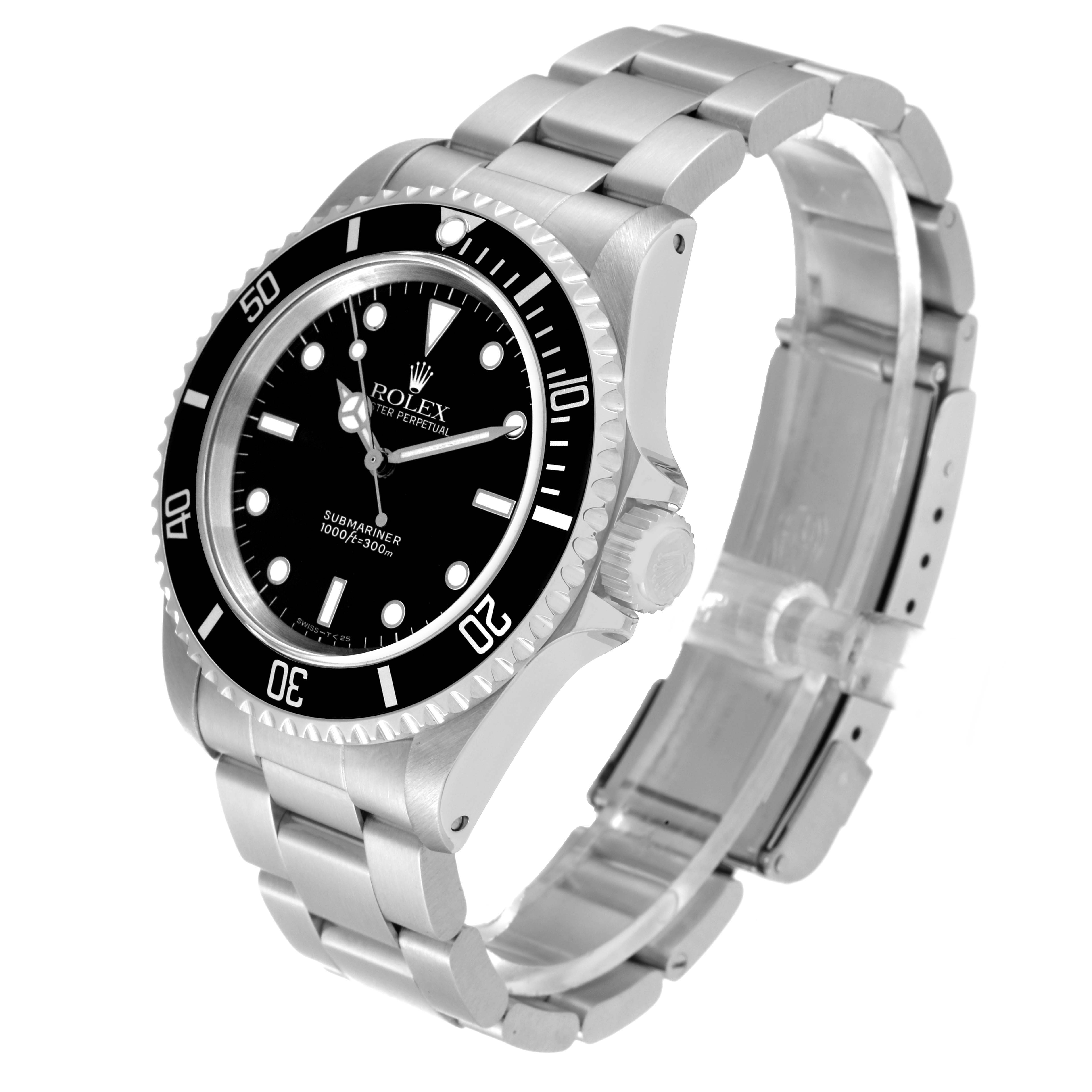 This image shows a Rolex Submariner 14060 Men
s Stainless Steel Black Dial 14060 Men
s Stainless Steel Black Dial watch angled to display the face, bezel, crown, and bracelet.