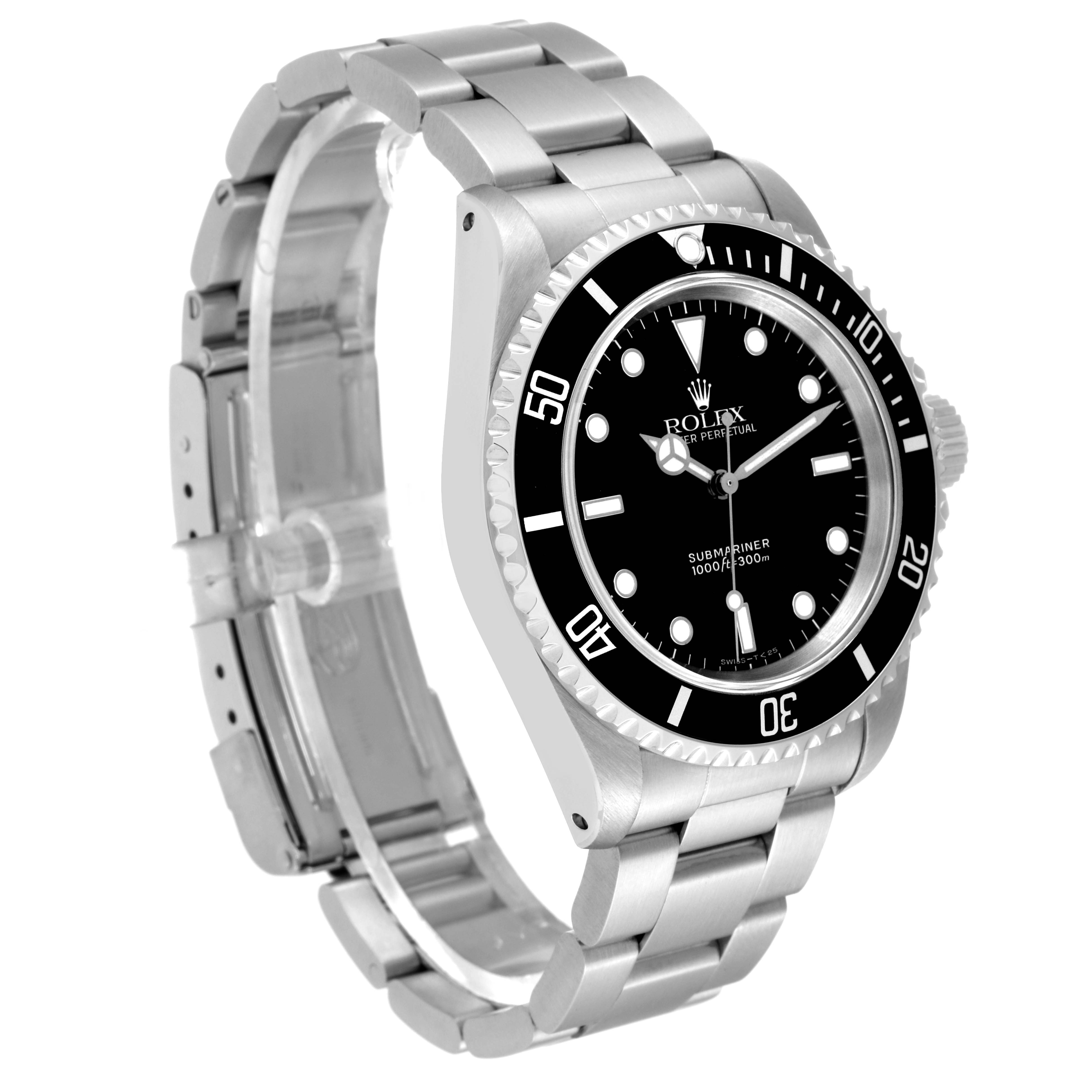This image shows a Rolex Submariner 14060 Men
s Stainless Steel Black Dial 14060 Men
s Stainless Steel Black Dial watch at a slight angle, highlighting its black dial, bezel, and stainless steel bracelet.