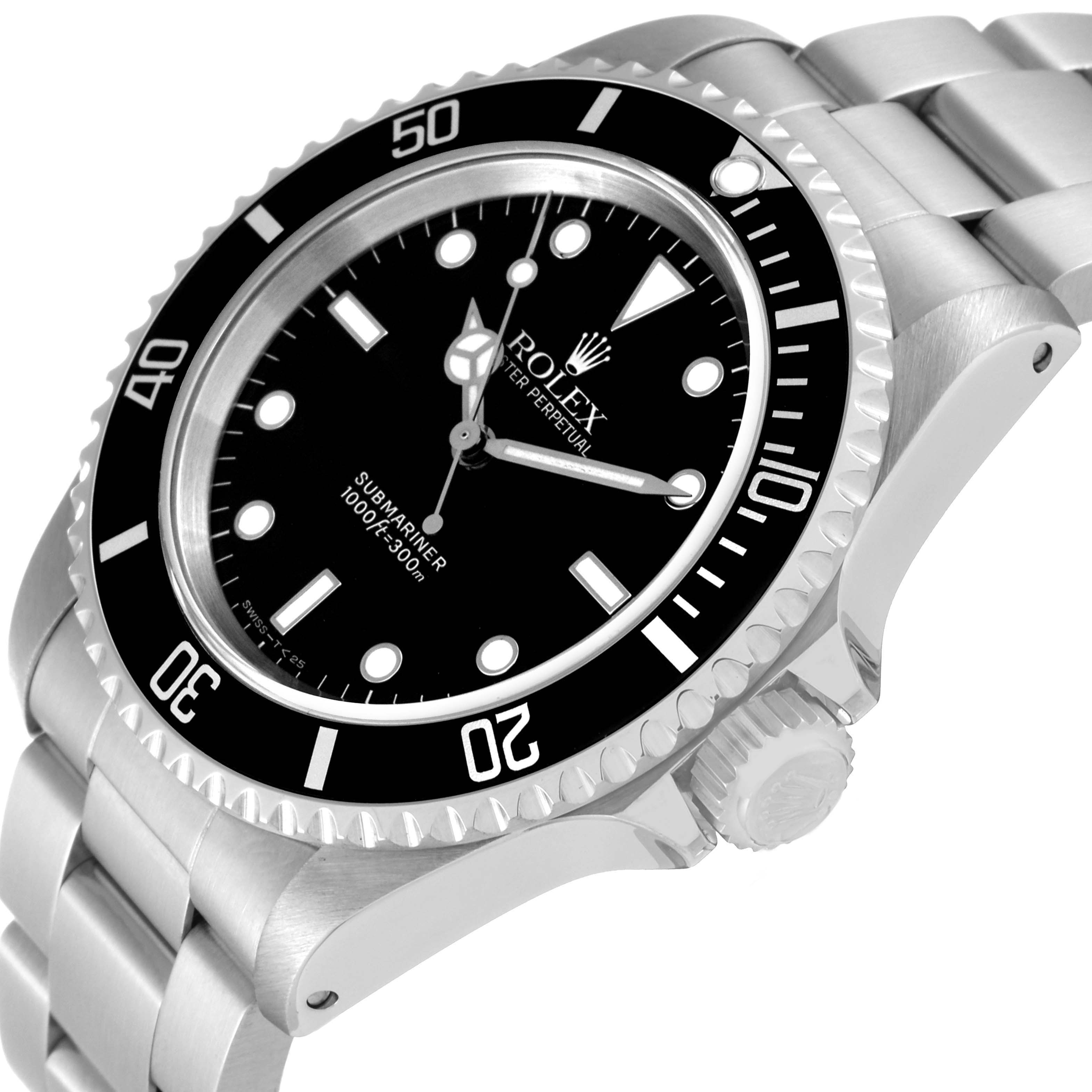 This image shows a close-up, angled view of a Rolex Submariner 14060 Men
s Stainless Steel Black Dial 14060 Men
s Stainless Steel Black Dial, highlighting its face, bezel, crown, and part of the bracelet.