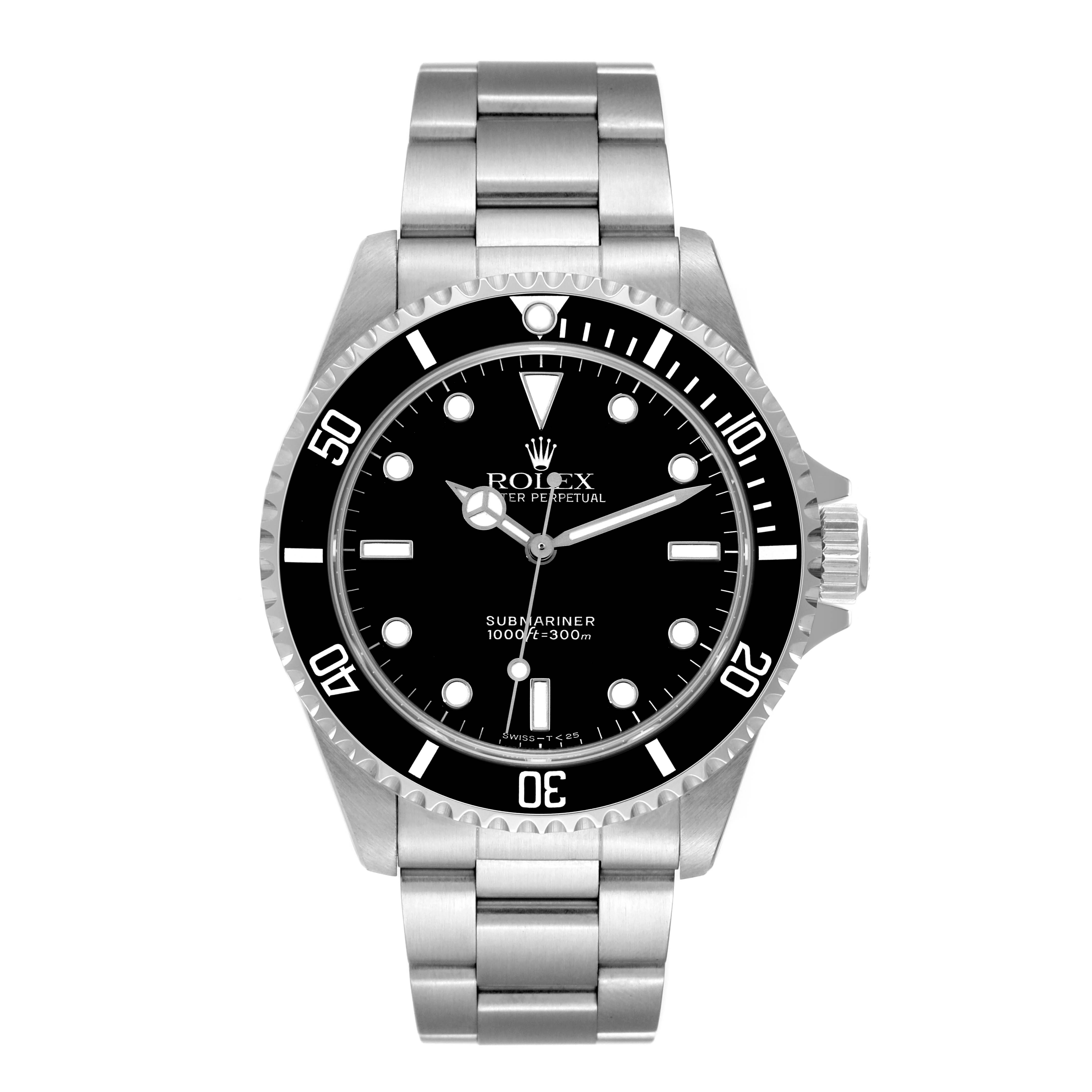 This image shows the front view of a Rolex Submariner 14060 Men
s Stainless Steel Black Dial 14060 Men
s Stainless Steel Black Dial watch, highlighting its stainless steel bracelet and black bezel and dial.