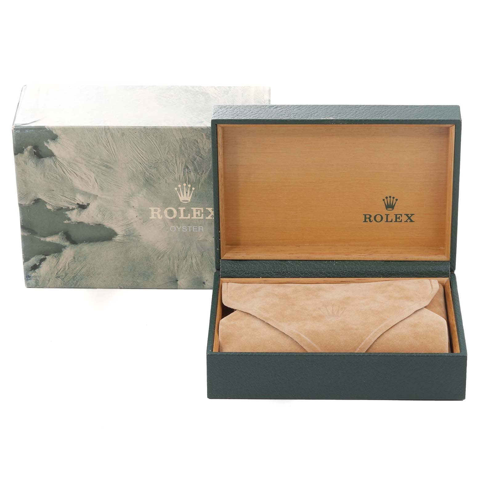 The image shows a Rolex Submariner 14060 Men
s Stainless Steel Black Dial 14060 Men
s Stainless Steel Black Dial watch box, with an outer green box and an inner wooden box containing a tan suede pouch.