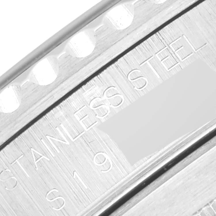 The image shows a close-up of the bezel and stainless steel inscription on a Rolex Submariner 14060 Men
s Stainless Steel Black Dial 14060 Men
s Stainless Steel Black Dial watch.