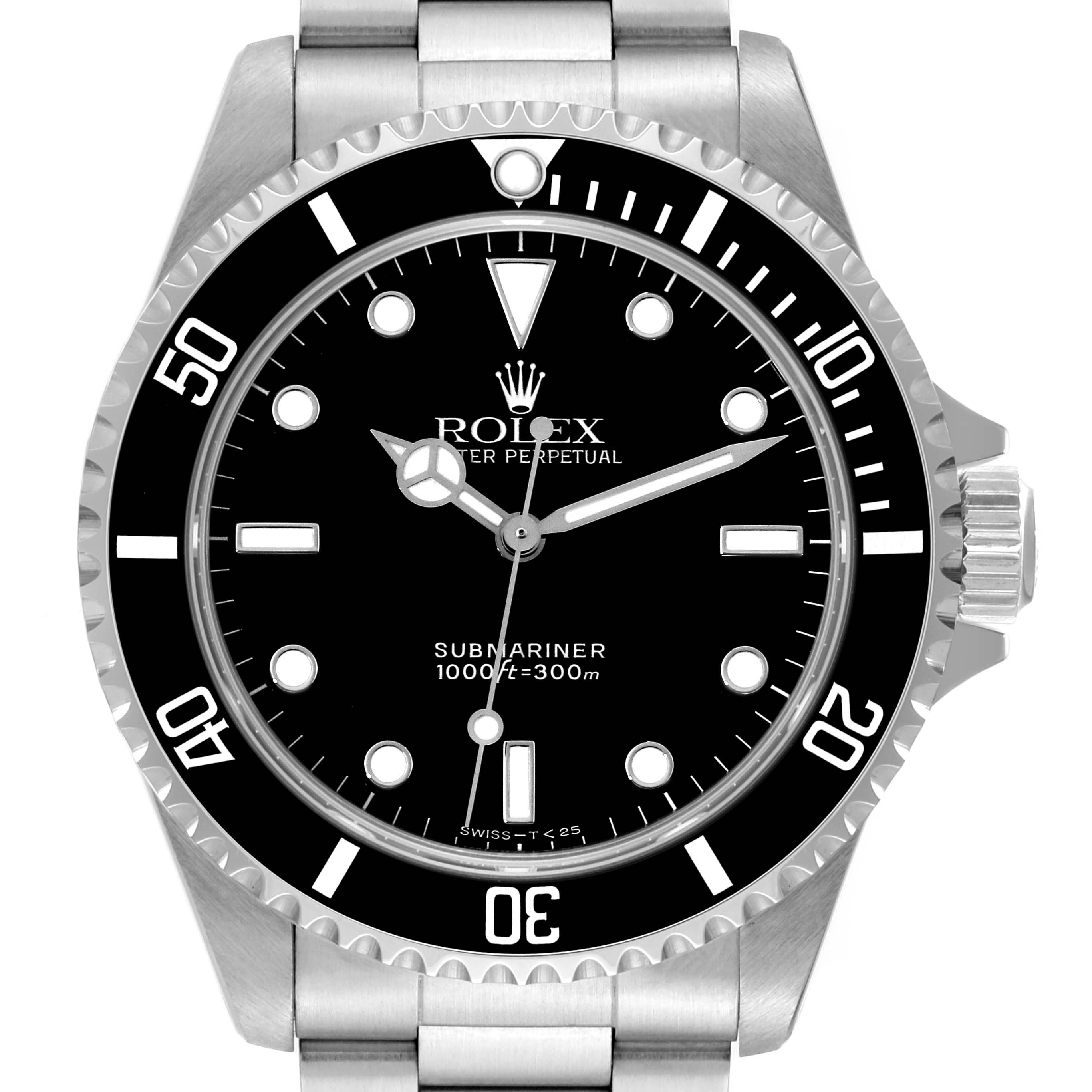 The image shows a frontal view of a Rolex Submariner 14060 Men
s Stainless Steel Black Dial 14060 Men
s Stainless Steel Black Dial watch, highlighting its bezel, dial, and bracelet.