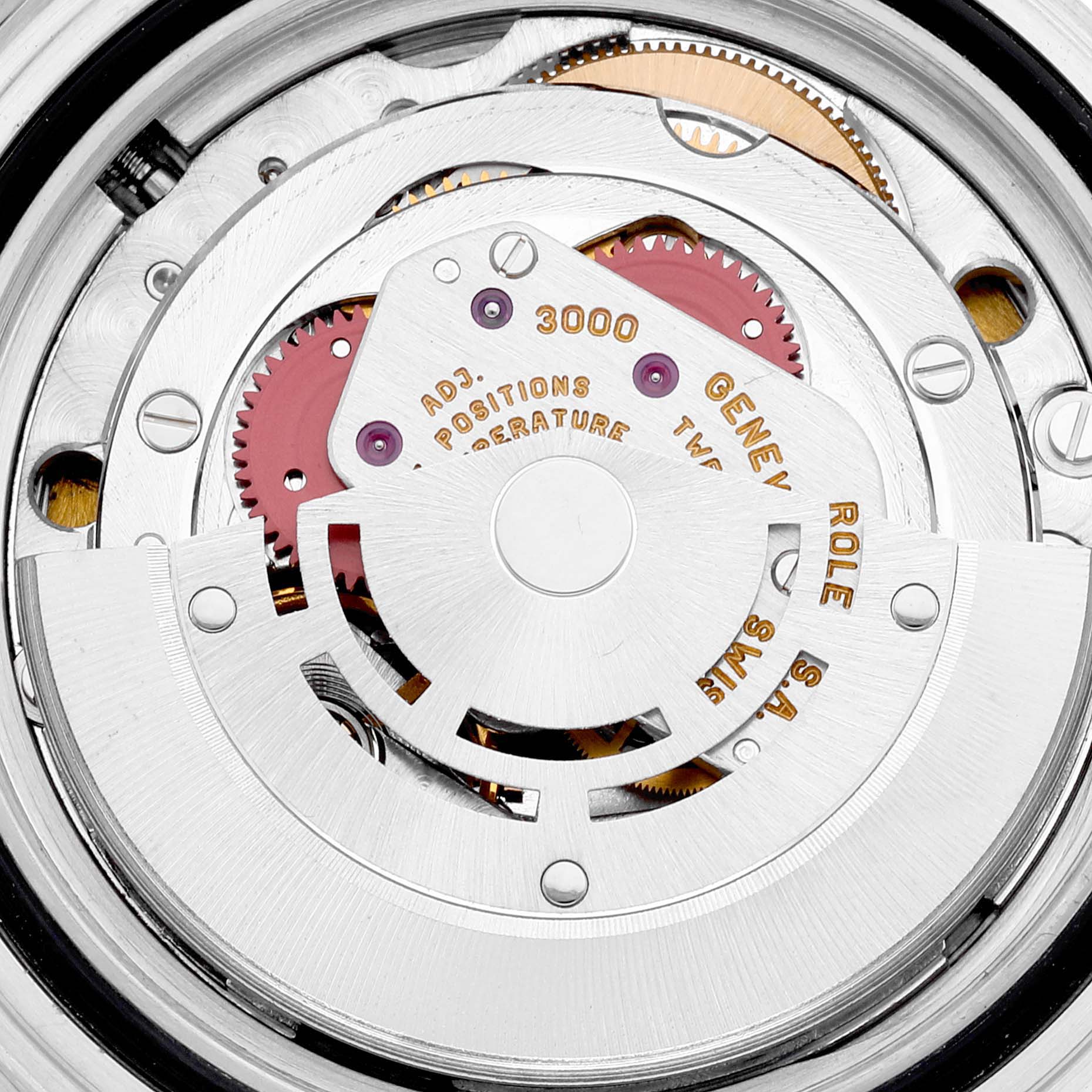 This close-up image shows the intricate internal mechanism and movement of a Rolex Submariner 14060 Men
s Stainless Steel Black Dial 14060 Men
s Stainless Steel Black Dial watch.