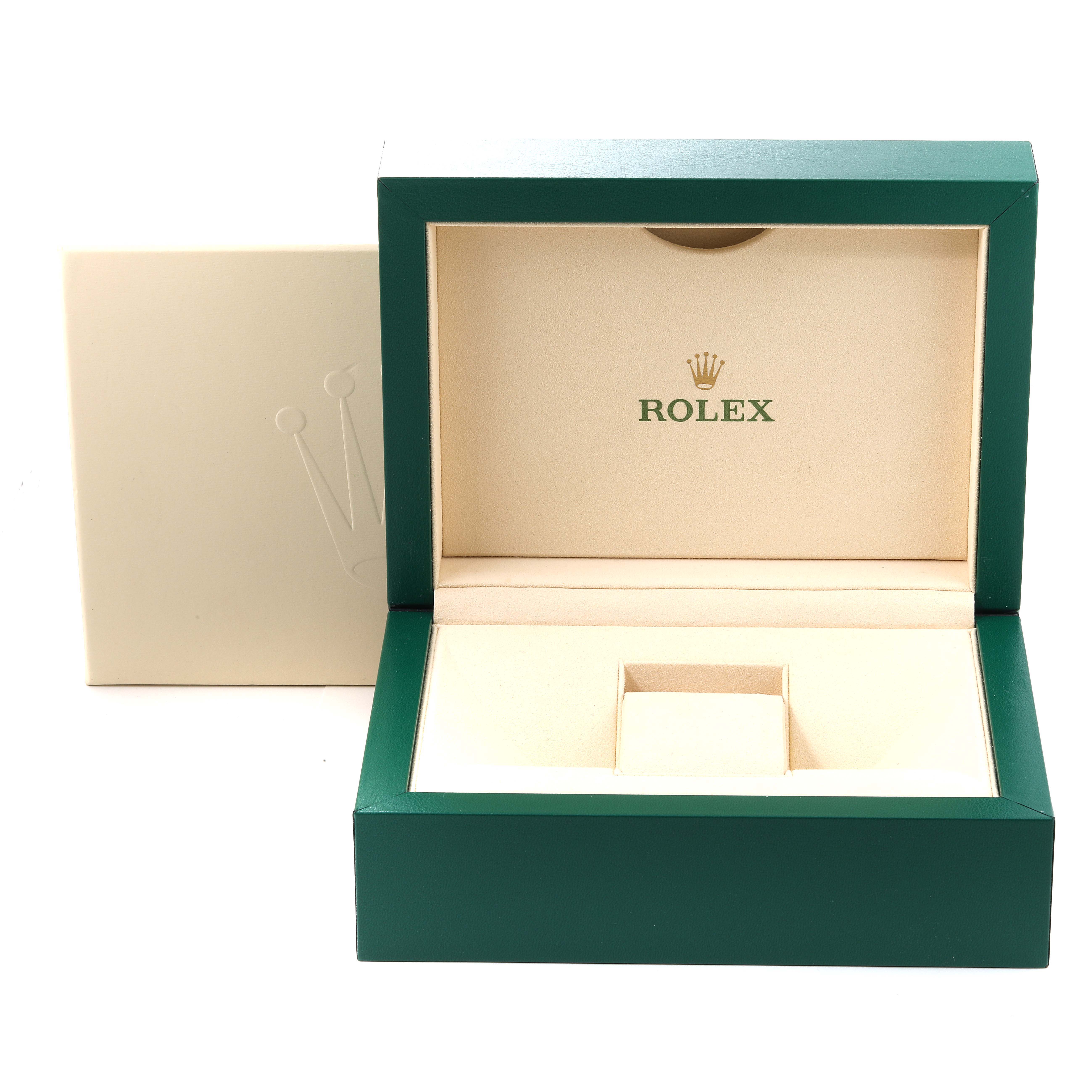 The image shows an open green and beige Rolex Submariner 116613 Men's Steel and Gold (two tone) Black Dial 116613 Men's Steel and Gold (two tone) Black Dial watch box with a separate lid placed behind it.
