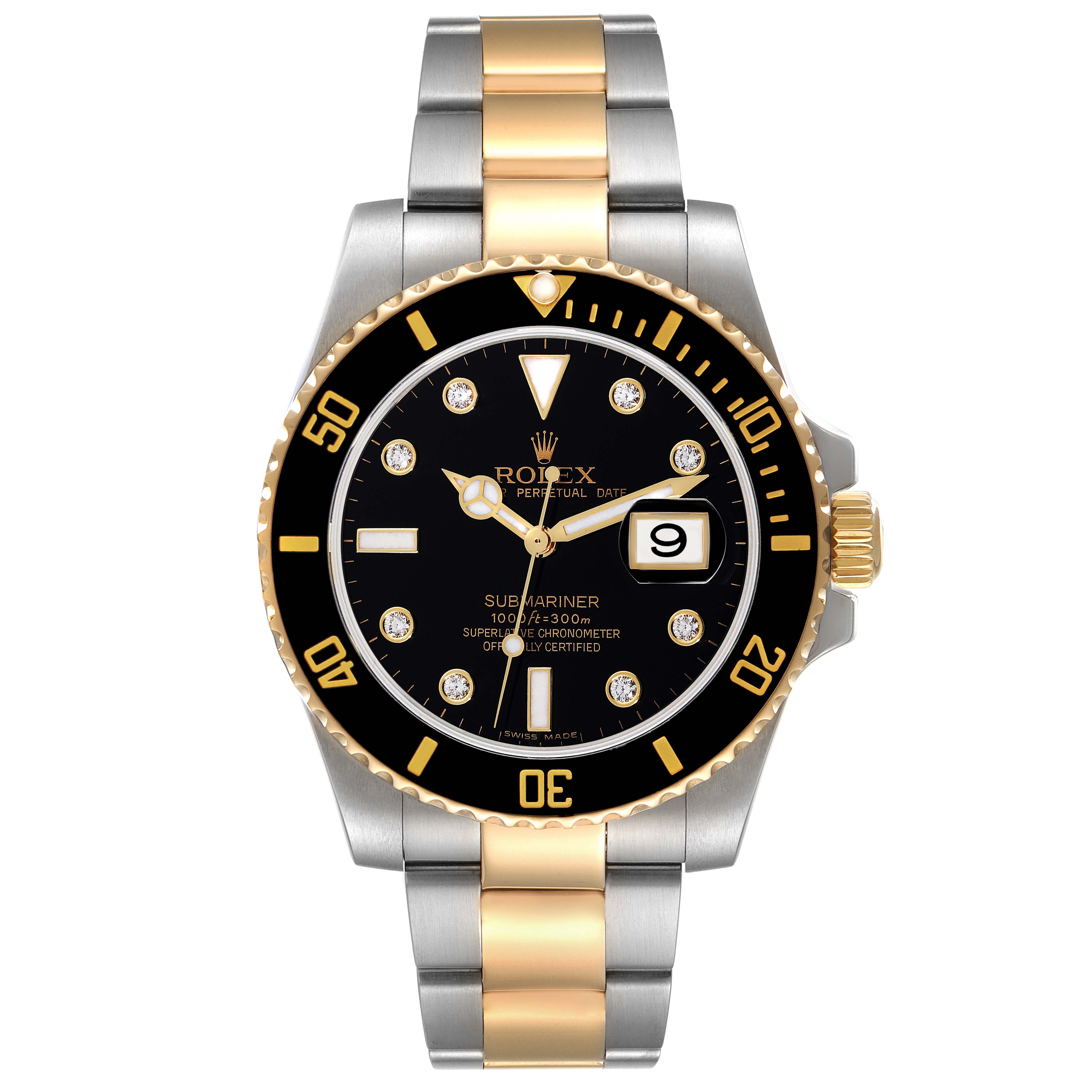 The image shows a front view of a Rolex Submariner 116613 Men's Steel and Gold (two tone) Black Dial 116613 Men's Steel and Gold (two tone) Black Dial watch, highlighting its dial, bezel, and two-tone bracelet.