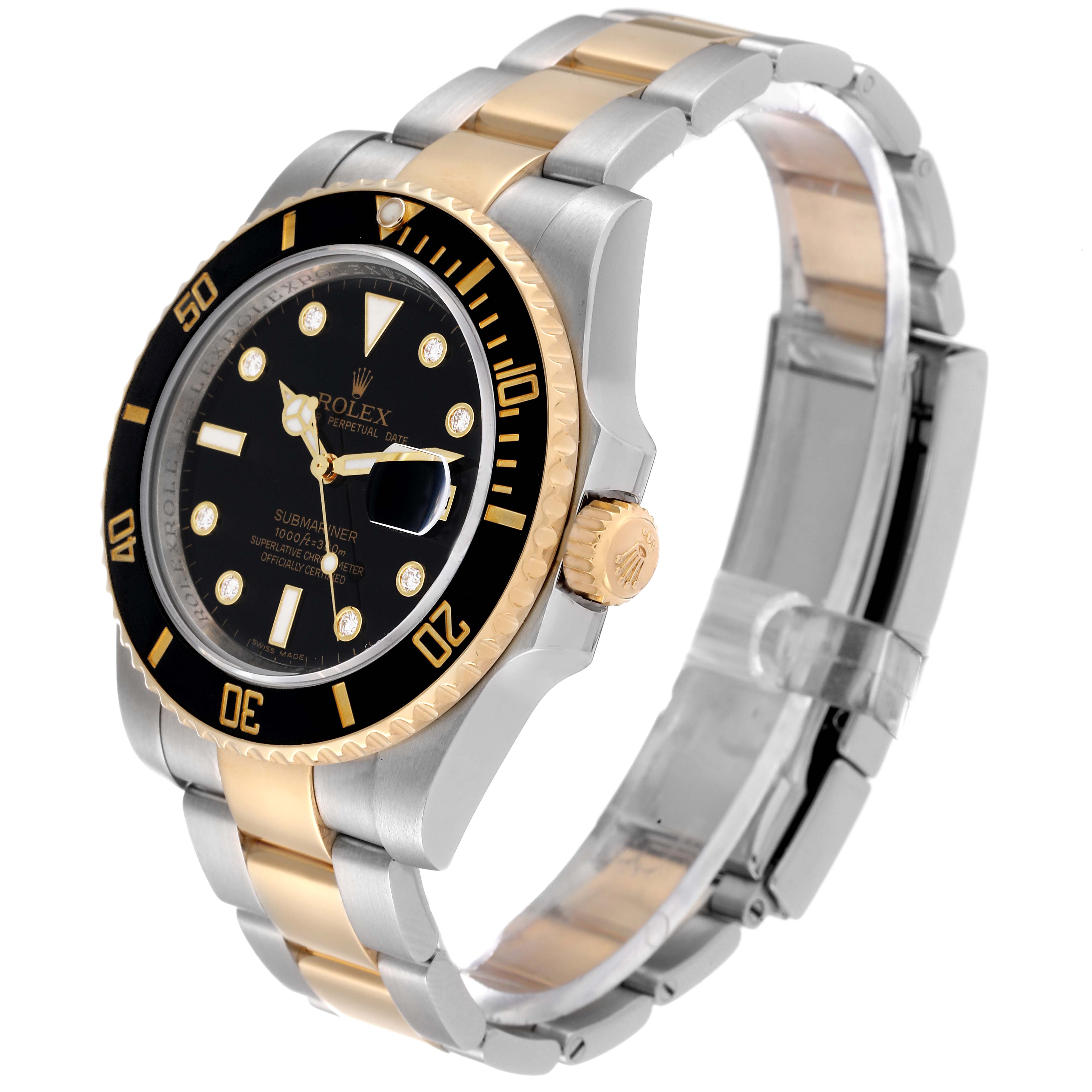 The Rolex Submariner 116613 Men's Steel and Gold (two tone) Black Dial 116613 Men's Steel and Gold (two tone) Black Dial watch is shown at an angle highlighting the face, bezel, crown, and part of the bracelet.