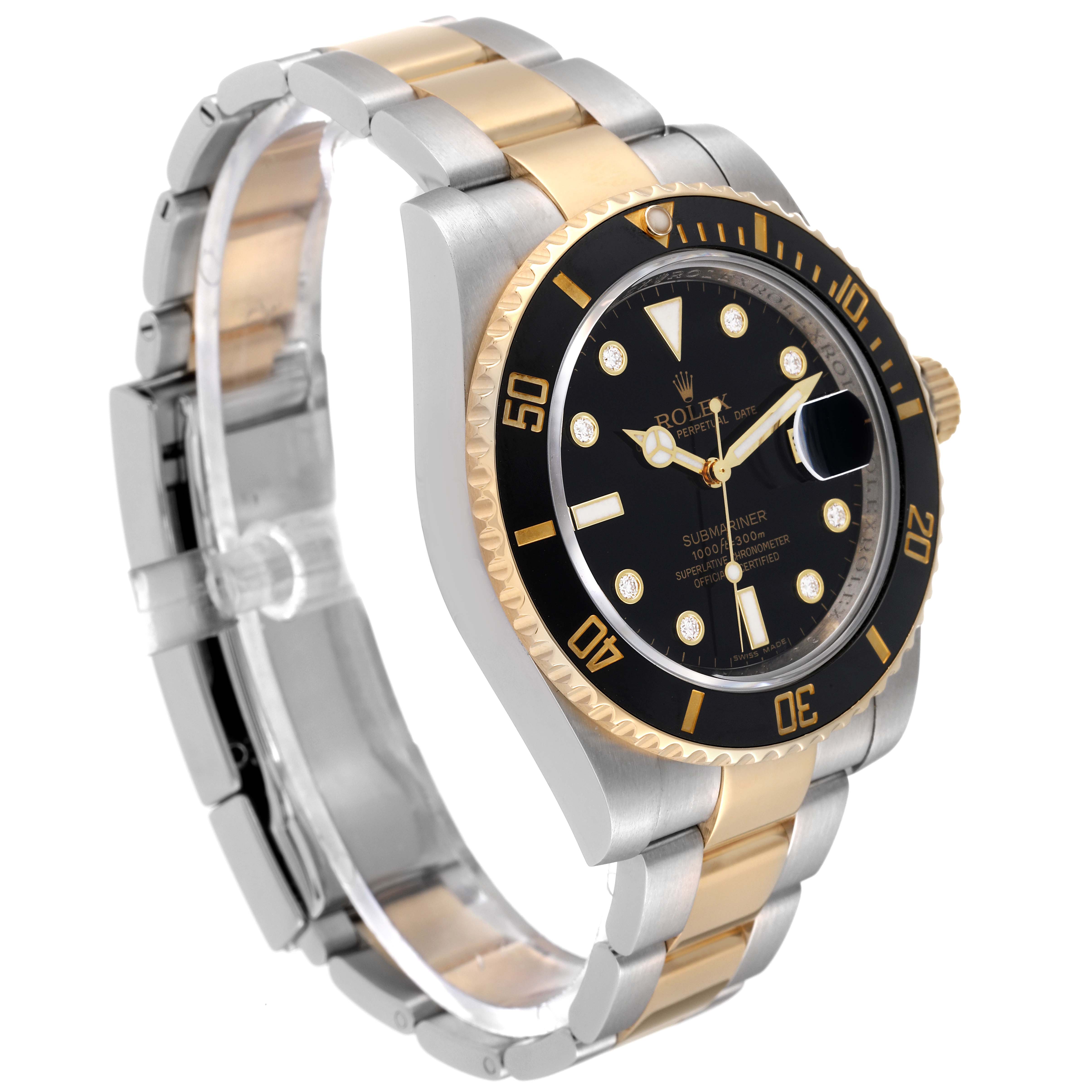 The image shows a Rolex Submariner 116613 Men's Steel and Gold (two tone) Black Dial 116613 Men's Steel and Gold (two tone) Black Dial watch at a three-quarter angle, highlighting the watch face, bezel, crown, and two-tone bracelet.