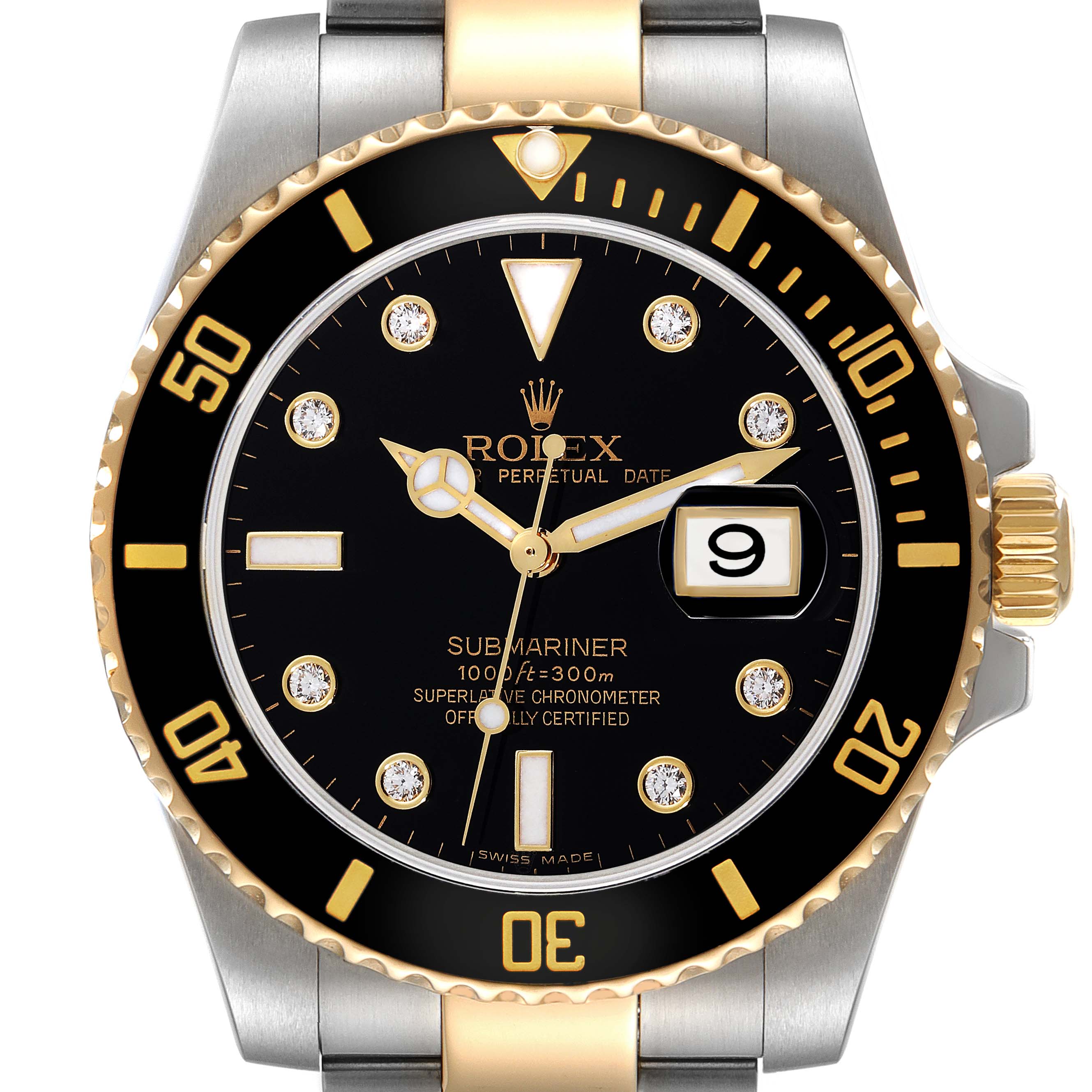 This image shows a direct, front-facing view of the Rolex Submariner 116613 Men's Steel and Gold (two tone) Black Dial 116613 Men's Steel and Gold (two tone) Black Dial watch, highlighting the dial, bezel, and crown.