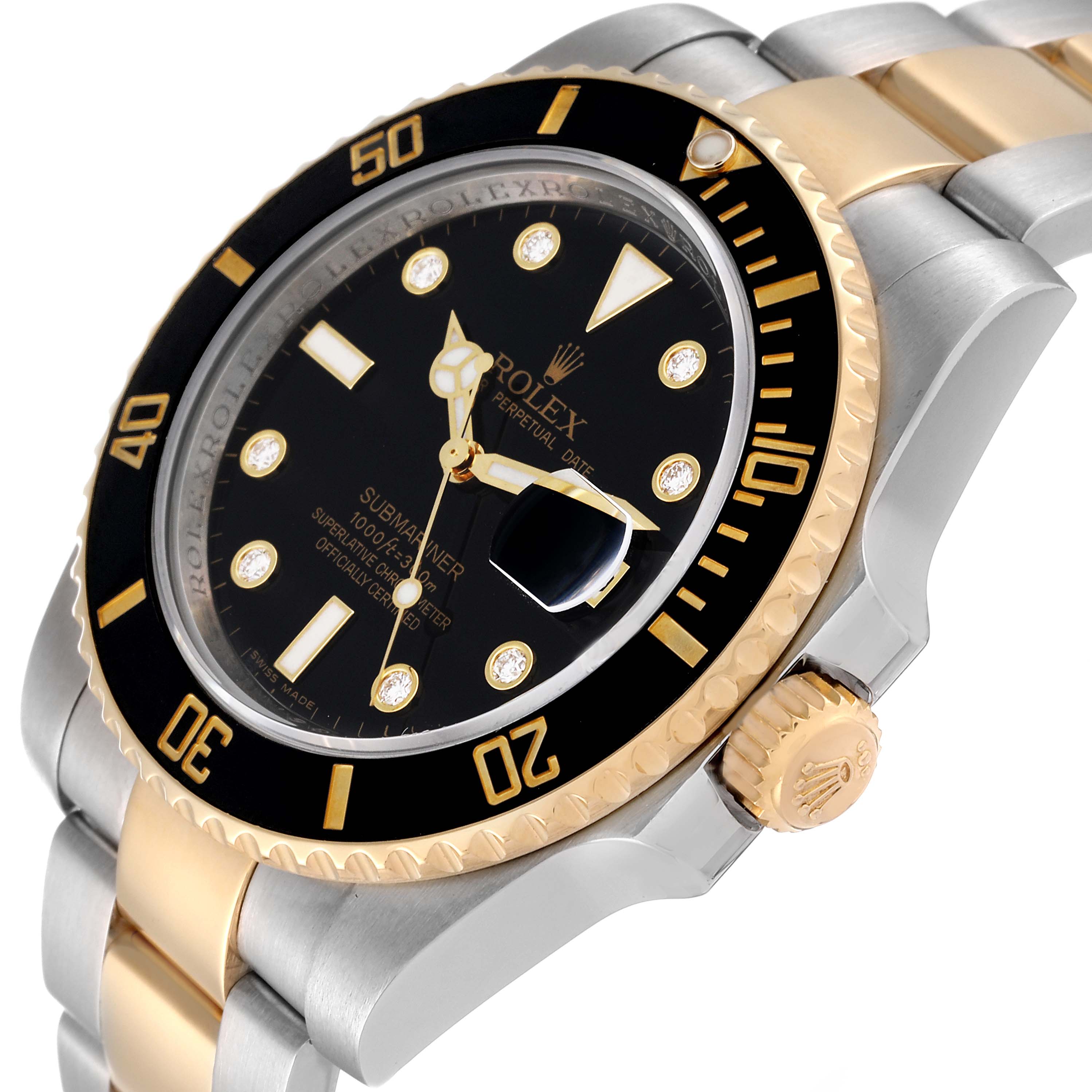 This image shows a Rolex Submariner 116613 Men's Steel and Gold (two tone) Black Dial 116613 Men's Steel and Gold (two tone) Black Dial watch from an angled side view, highlighting the bezel, dial, crown, and part of the bracelet.