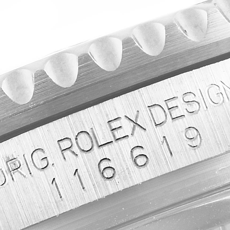 The image shows a close-up angle of the case side with the model number of the Rolex Submariner 116619 Men's White Gold Blue Dial 116619 Men's White Gold Blue Dial.