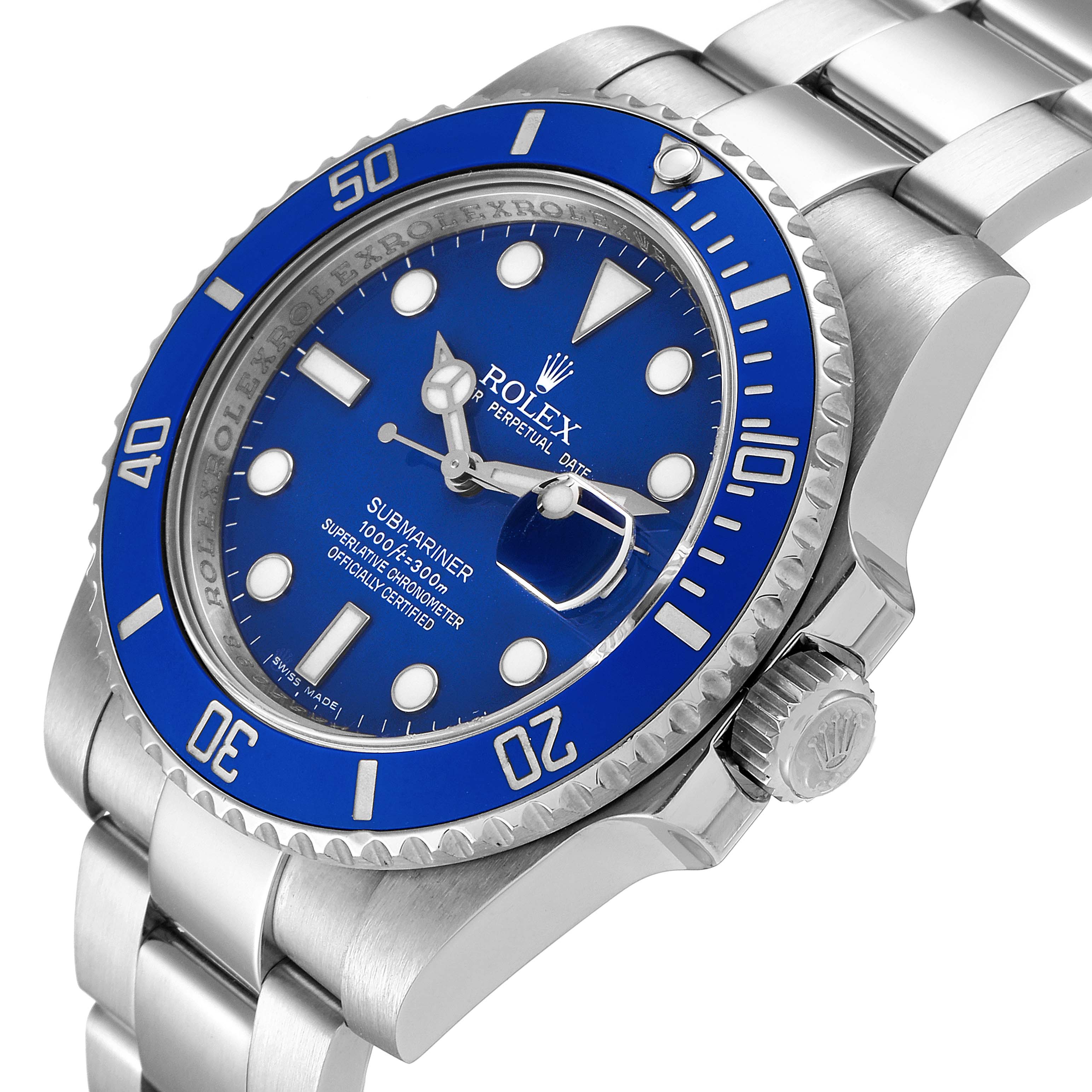 This angled image of the Rolex Submariner 116619 Men's White Gold Blue Dial 116619 Men's White Gold Blue Dial shows the dial, bezel, case, and part of the bracelet.