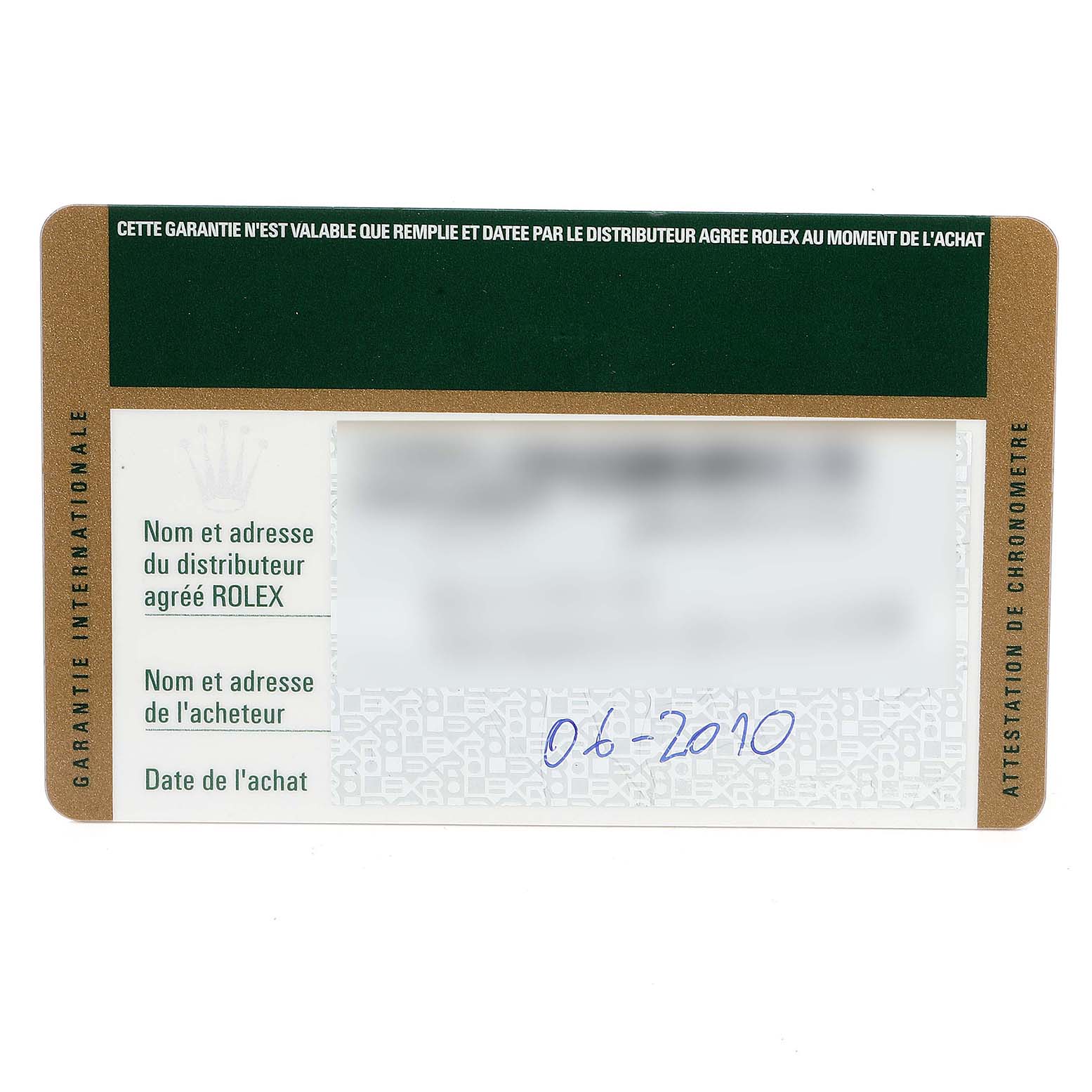 This image shows the warranty card for a Rolex Submariner 116619 Men's White Gold Blue Dial 116619 Men's White Gold Blue Dial watch, highlighting purchase date and dealer details.