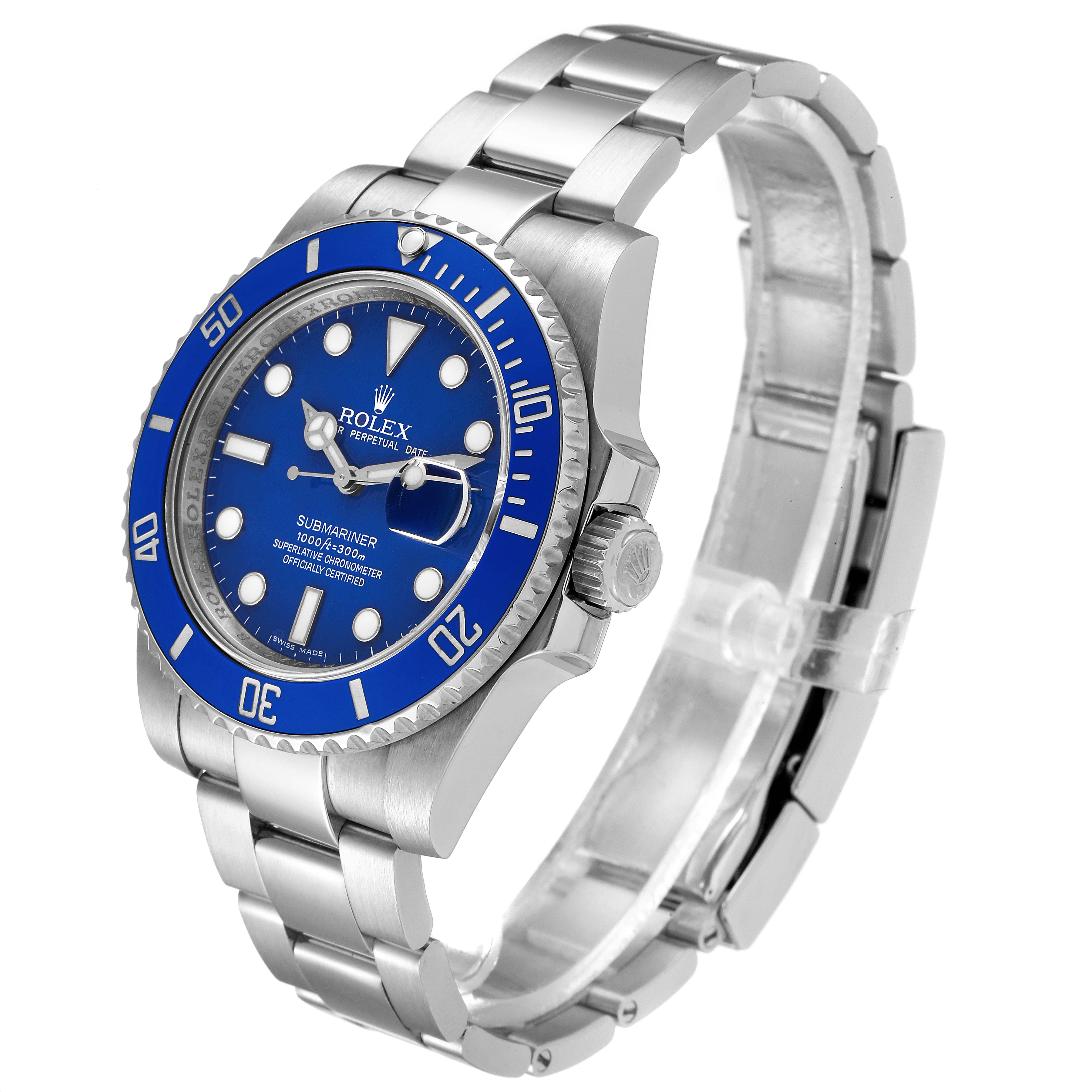This image shows a Rolex Submariner 116619 Men's White Gold Blue Dial 116619 Men's White Gold Blue Dial watch viewed from a front-side angle, highlighting its blue dial and stainless steel bracelet.