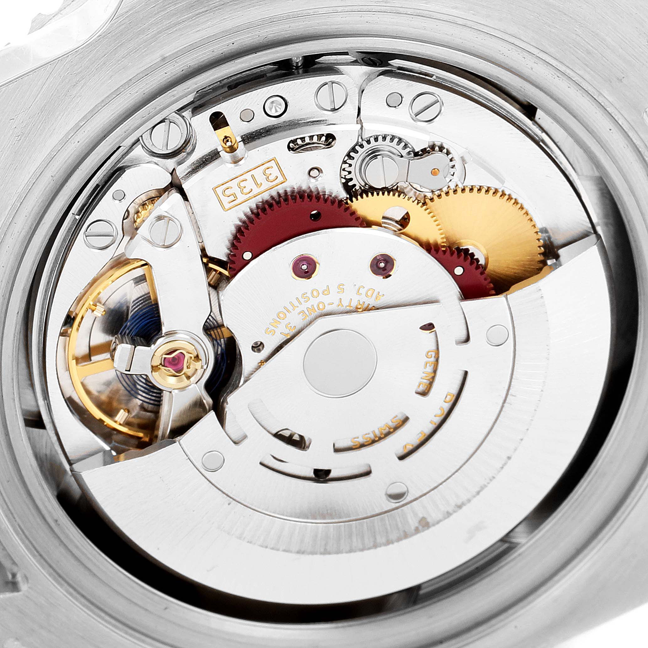 This image shows the intricate movement mechanism inside a Rolex Submariner 116619 Men's White Gold Blue Dial 116619 Men's White Gold Blue Dial watch from a close-up, top-down angle.