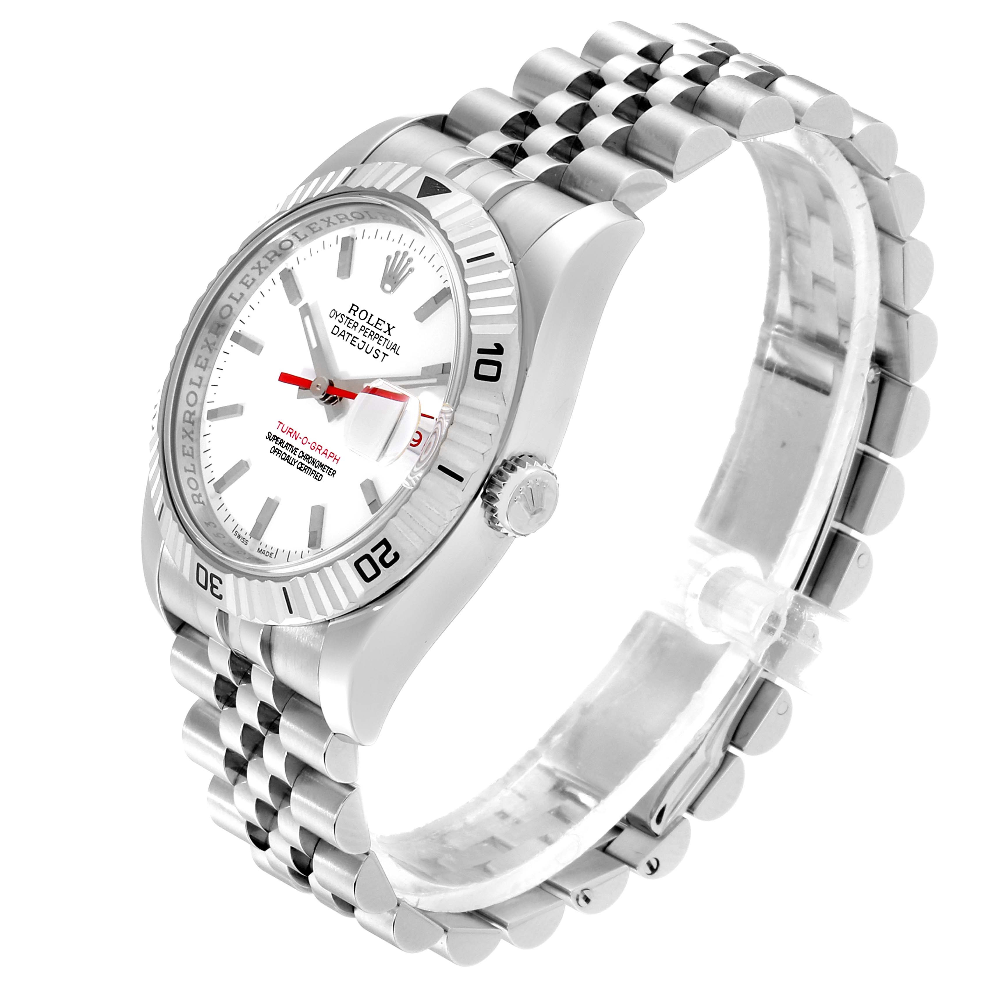 The image shows a Rolex Turn-o-Graph 116264 Men's Stainless Steel White Dial 116264 Men's Stainless Steel White Dial watch at a three-quarter angle, highlighting its face, bezel, crown, and bracelet.