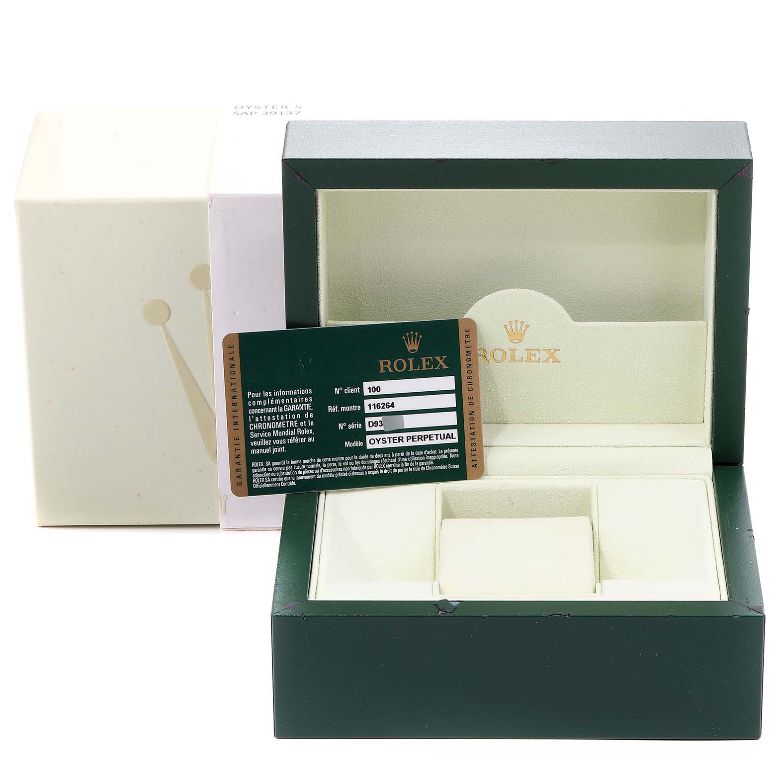 The image shows the original box and certificate for a Rolex Turn-o-Graph 116264 Men's Stainless Steel White Dial 116264 Men's Stainless Steel White Dial watch, viewed from the front.