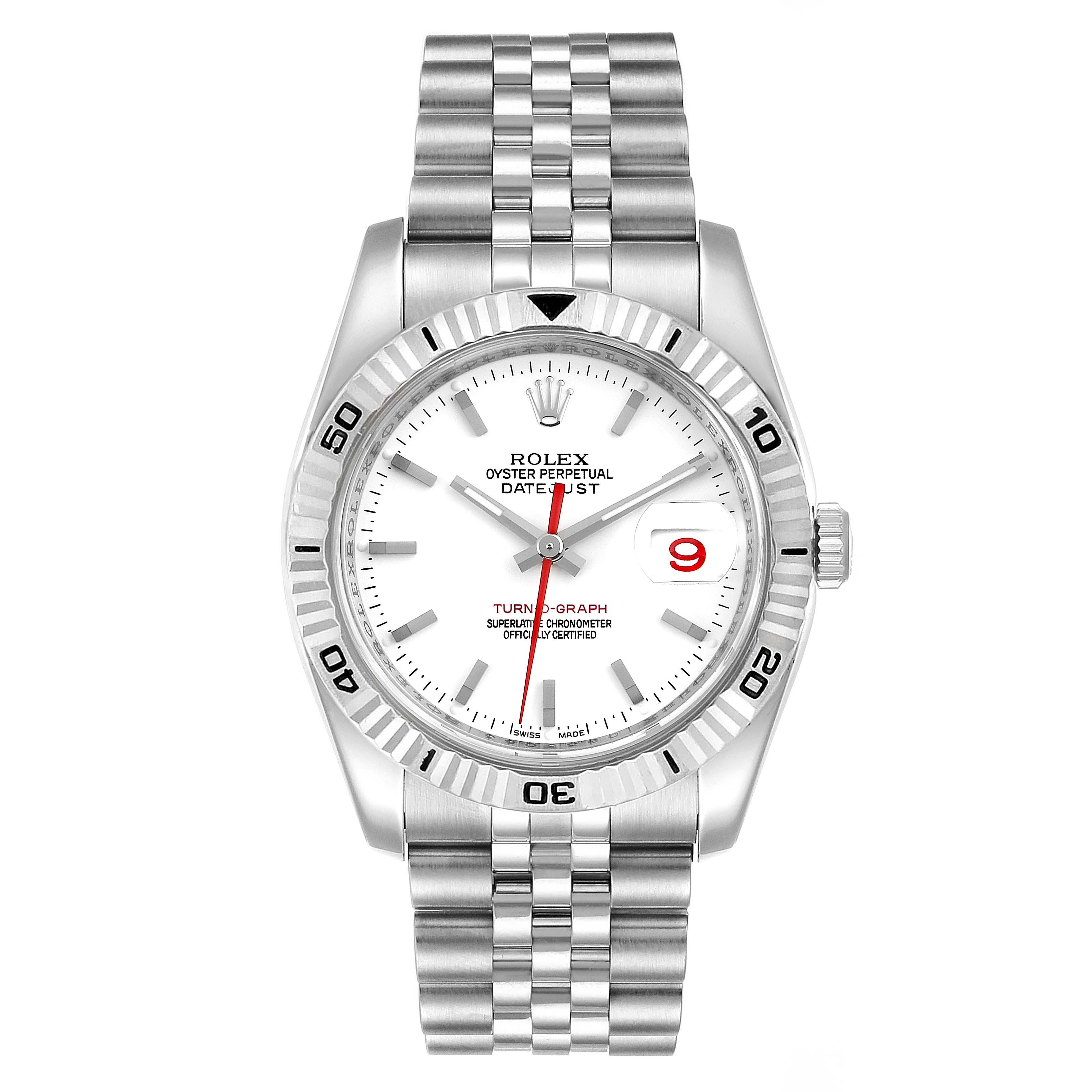 The image shows a front view of the Rolex Turn-o-Graph 116264 Men's Stainless Steel White Dial 116264 Men's Stainless Steel White Dial watch, displaying its face, bezel, markers, hands, and bracelet.