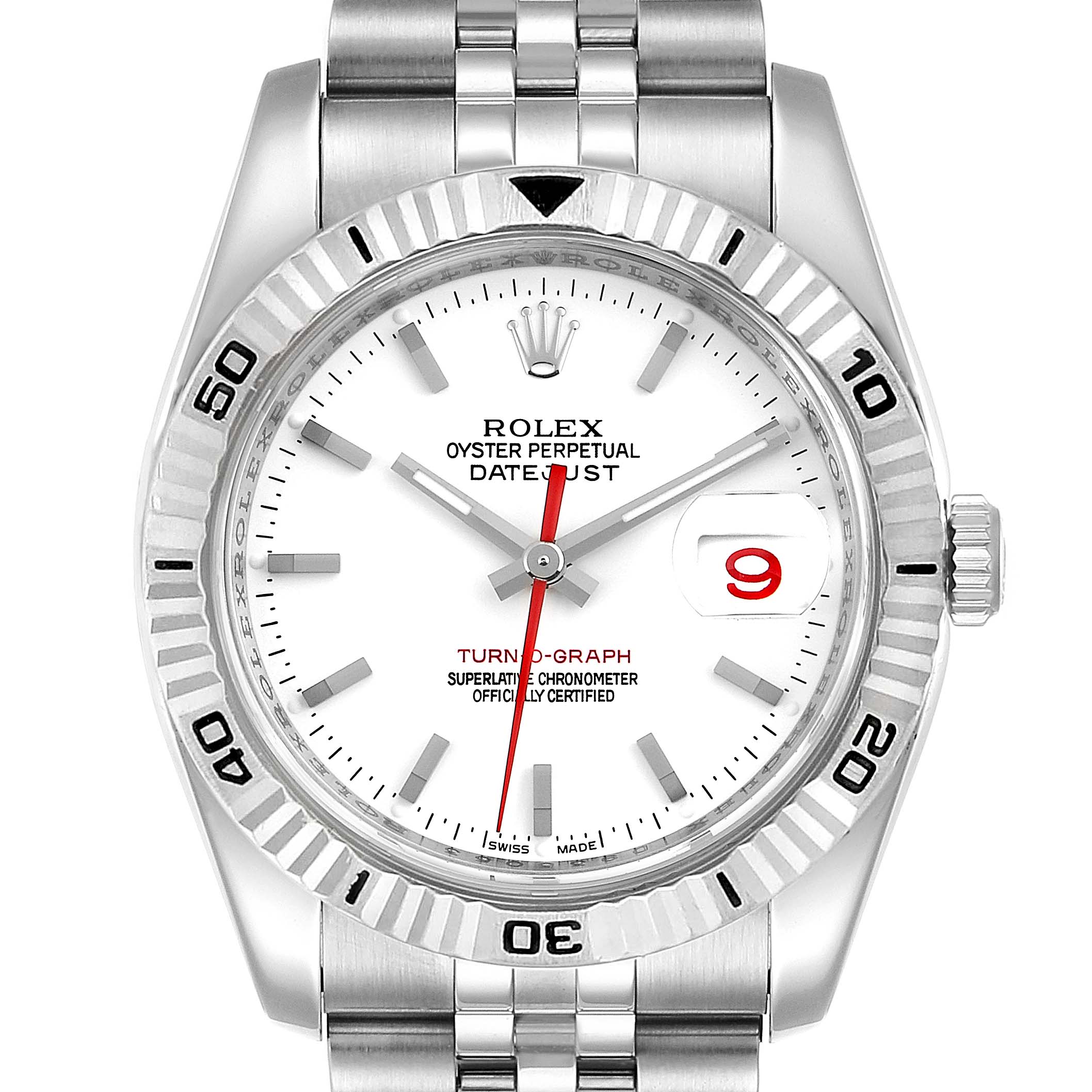 This image shows a front view of a Rolex Turn-o-Graph 116264 Men's Stainless Steel White Dial 116264 Men's Stainless Steel White Dial Datejust watch, featuring the dial and part of the bracelet.